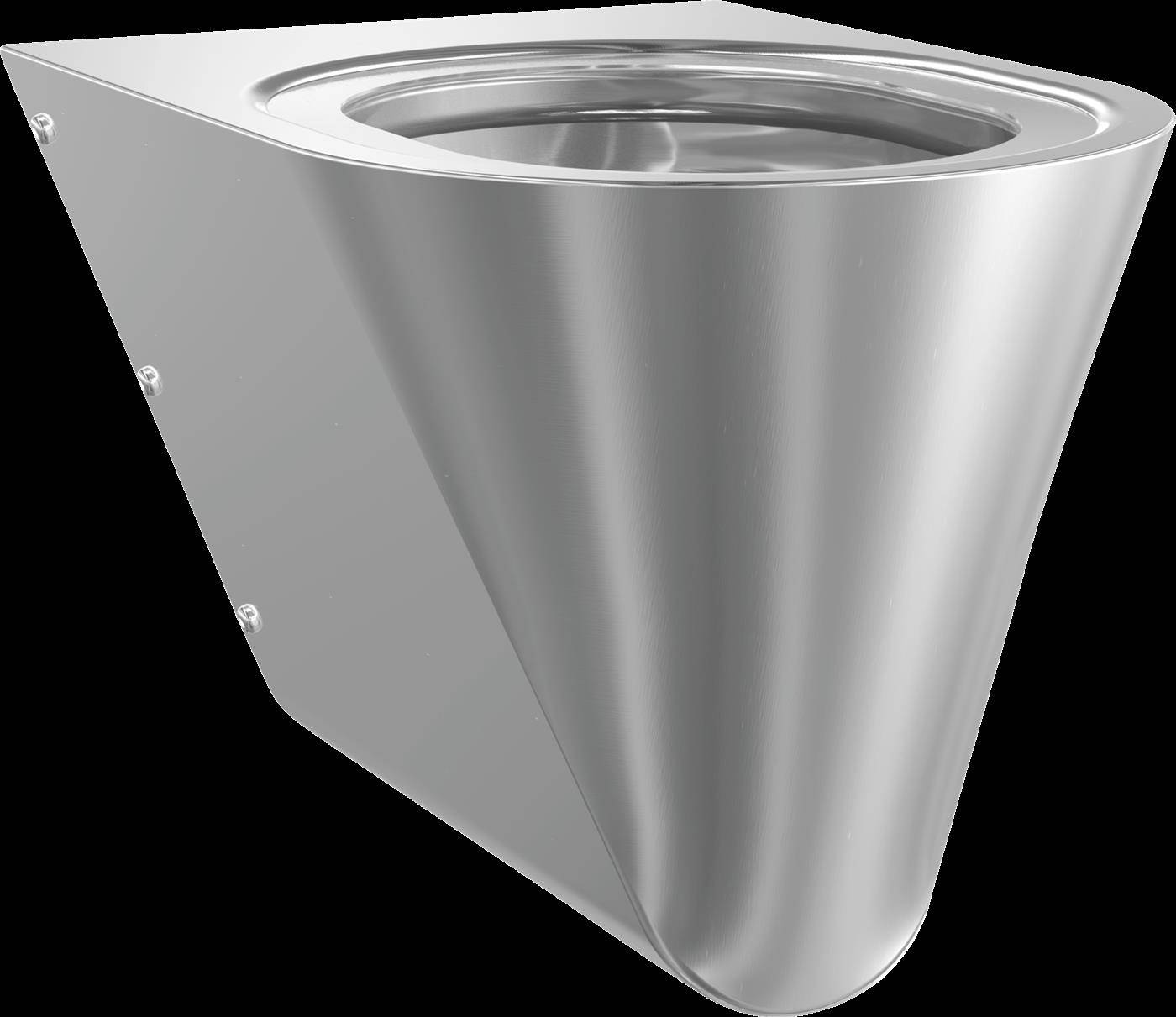 Silbernes an der Wand montiertes Urinal aus Metall, von schräg oben betrachtet auf schwarzem Hintergrund.