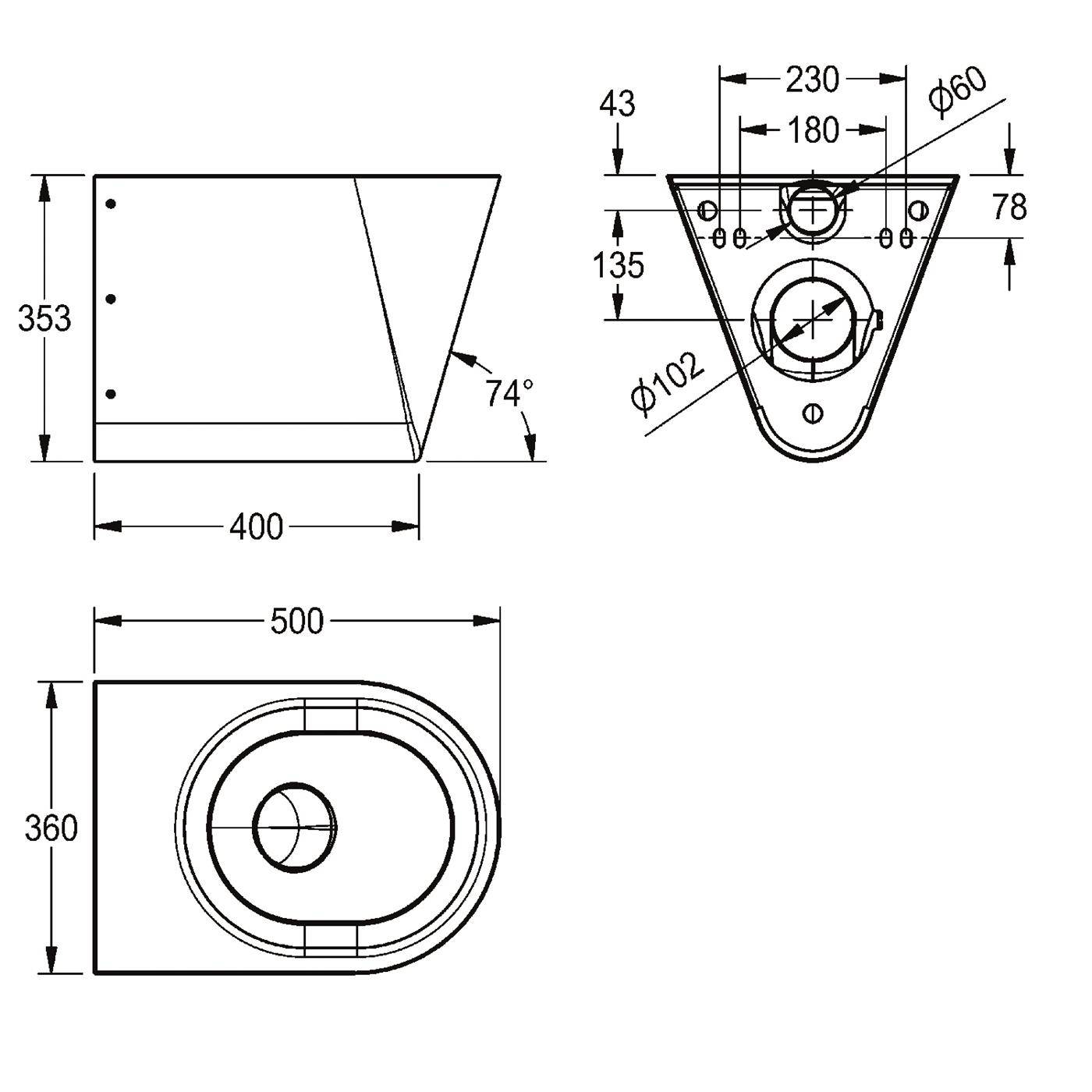 Technische Zeichnung eines trapezförmigen Metallteils mit drei orthografischen Ansichten und Abmessungen, einschließlich einer Draufsicht von 500 x 360 und gebohrten kreisförmigen Öffnungen.