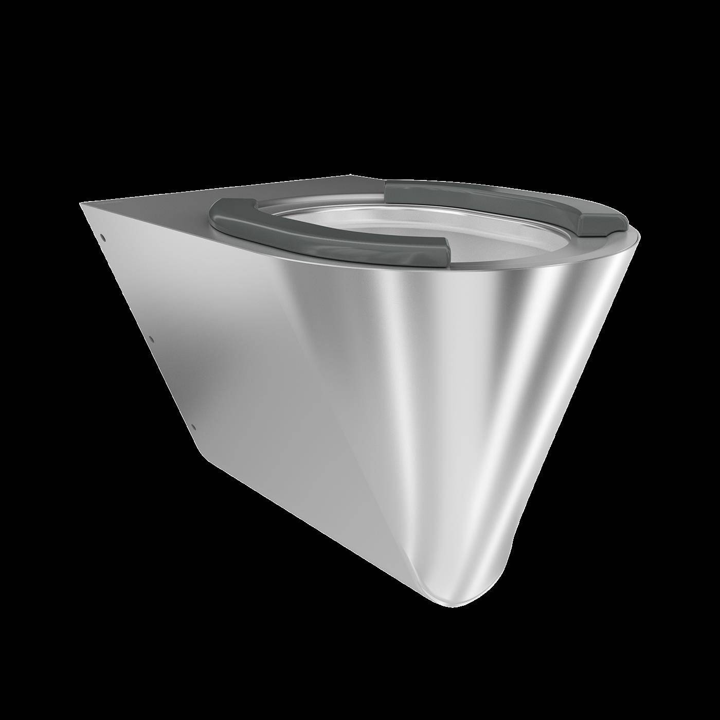 Eine moderne silberne wandmontierte Toilette mit schlankem eckigem Design und dunklem Sitz auf schwarzem Hintergrund.