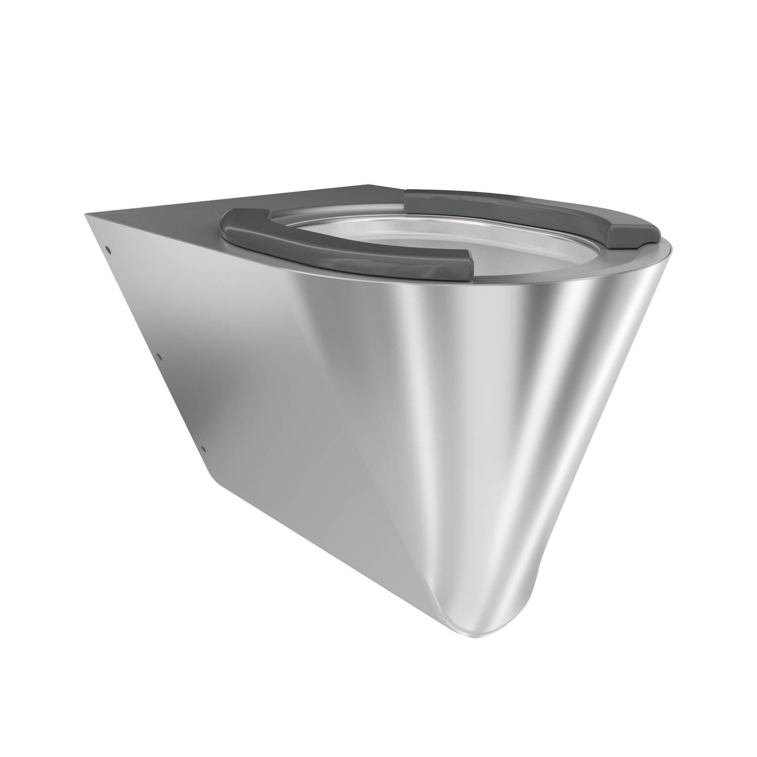 Eine wandmontierte Edelstahl-Toilette mit elegantem, modernem Design auf schwarzem Hintergrund.