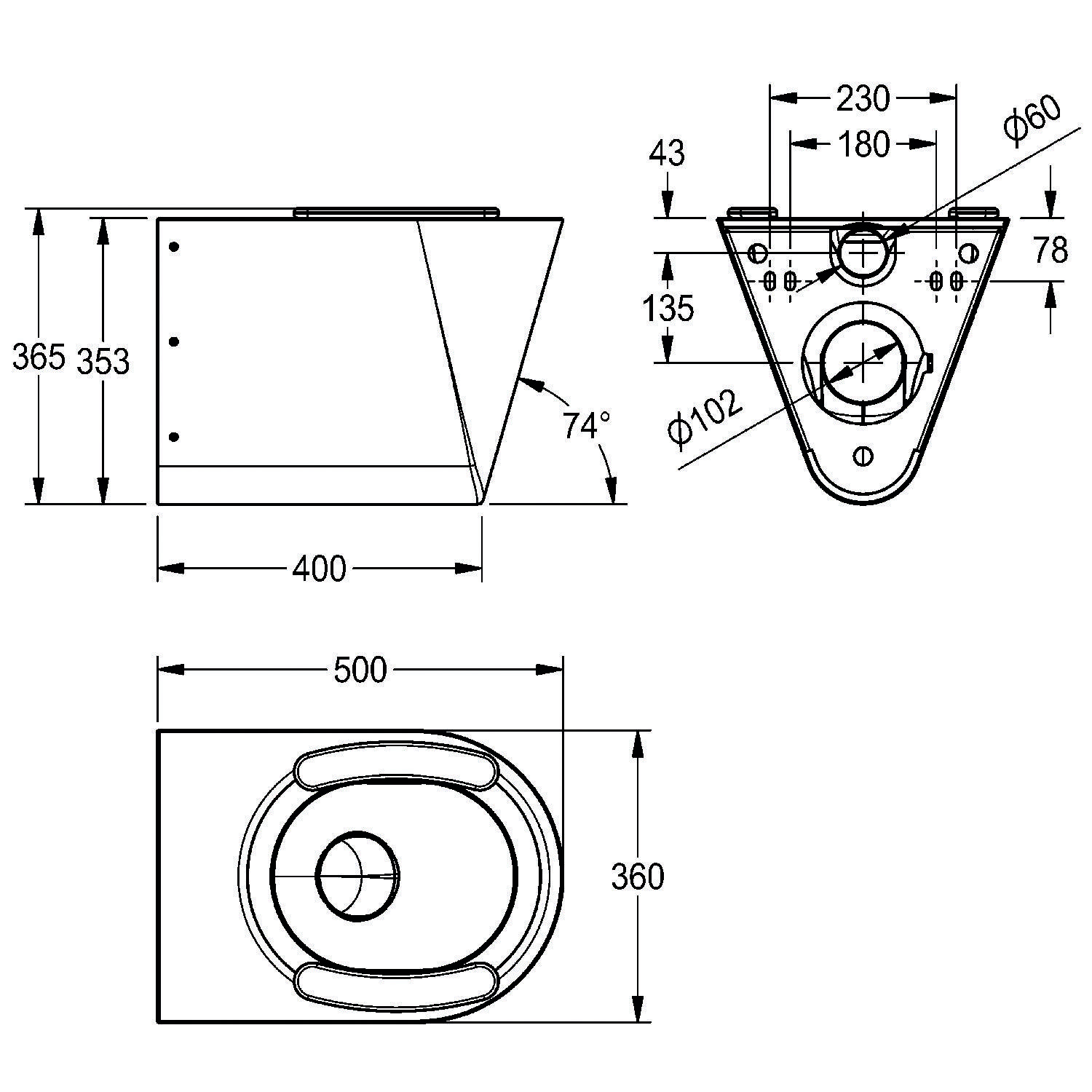 „Technische Zeichnung eines wandmontierten, dreieckigen Objekts mit beschrifteten Schlüsseldimensionen, einschließlich Höhe 365 mm, Tiefe 400 mm und Breite 360 mm.