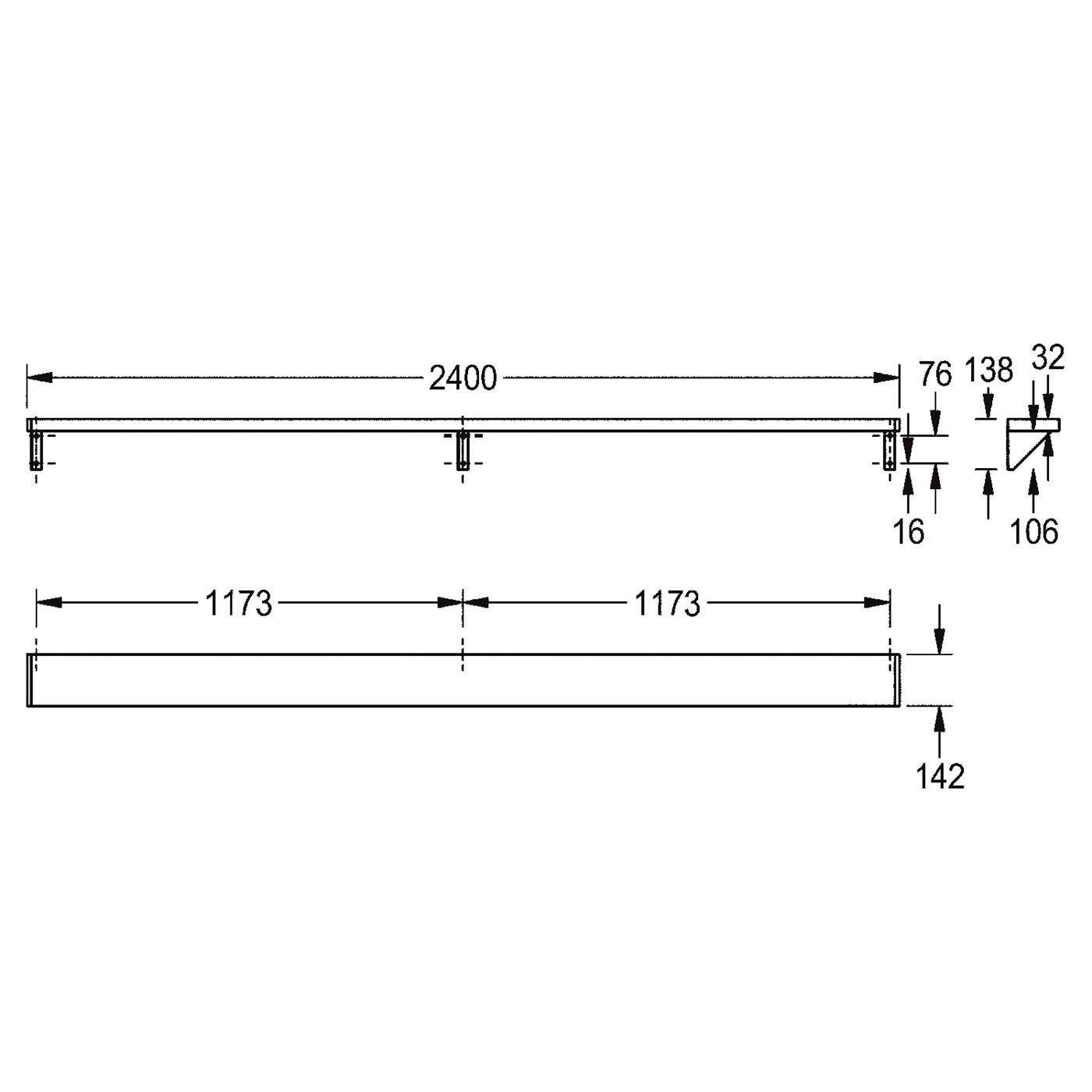 Technische Maßzeichnung eines langen rechteckigen Balkens, 2400 mm Gesamtlänge, mit Auflagern und beschrifteten Höhen/Versätzen von 76, 138, 32, 16, 106 und 142 mm.