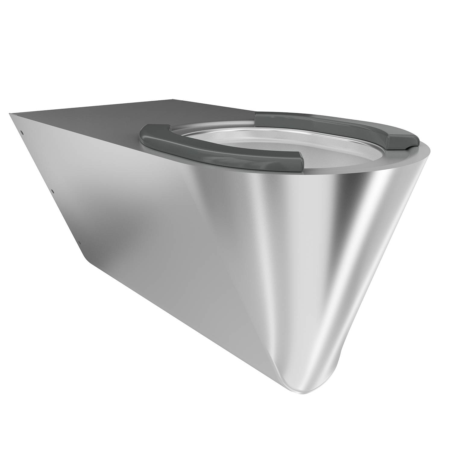 Eine wandmontierte Toilette aus Edelstahl mit schwarzem Sitz, speziell für öffentliche Toiletten konzipiert, die ein modernes und hygienisches Design aufweist.