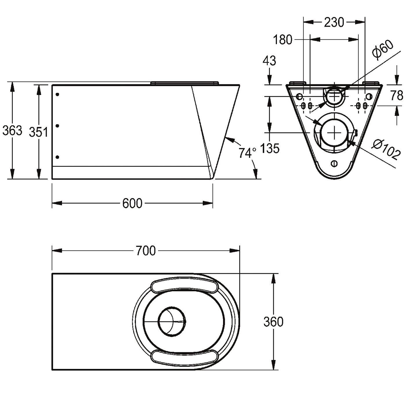 Technische Zeichnung eines Metalltanks oder Trichters mit Seiten-, Vorder- und Draufsicht mit Abmessungen, einschließlich 700, 600, 360, 230 und abgewinkelte Enddetails.