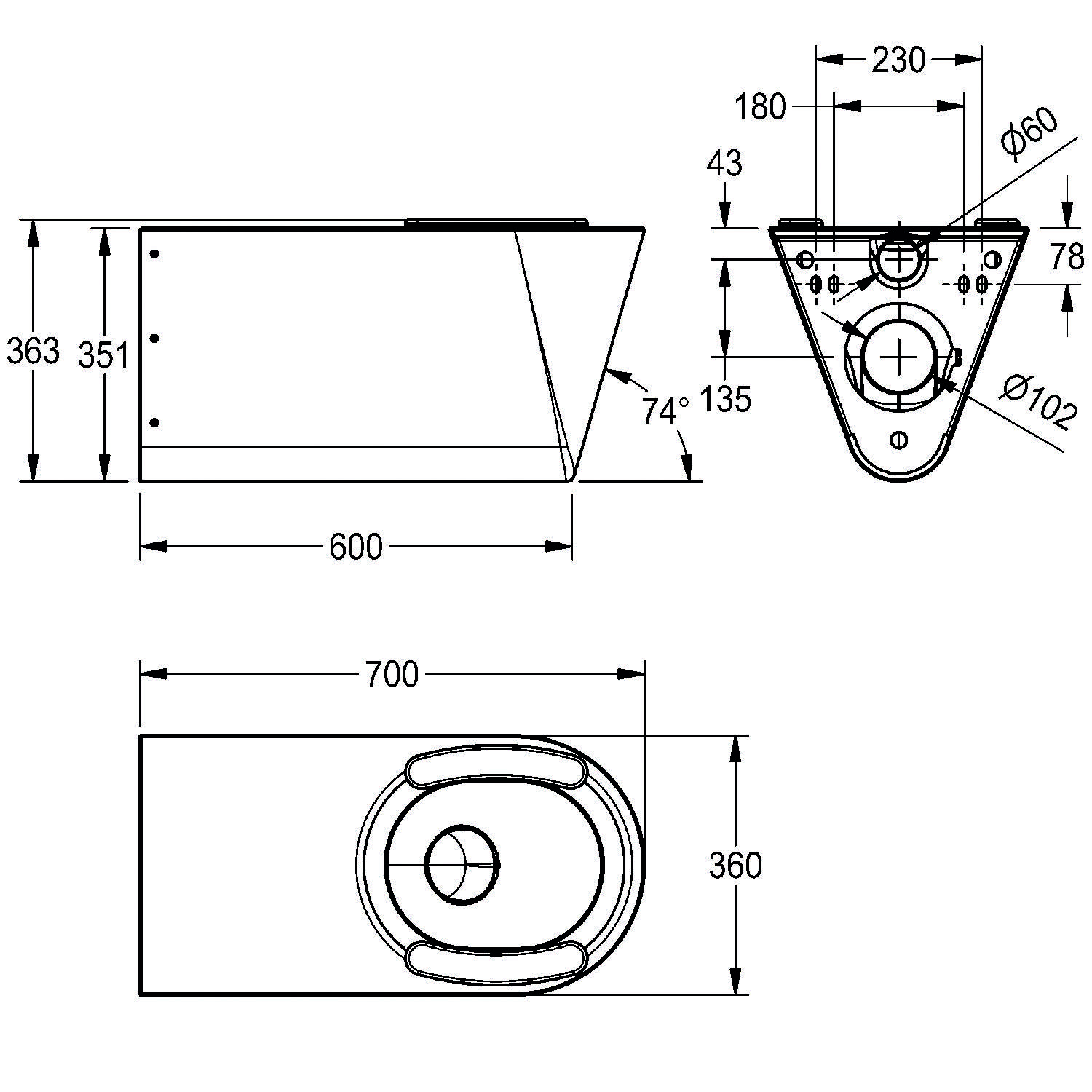 Technische Zeichnung eines Waschbeckens mit Abmessungen: 600 mm Länge, 700 mm Breite, 360 mm Tiefe und spezifizierten Winkelmessungen.