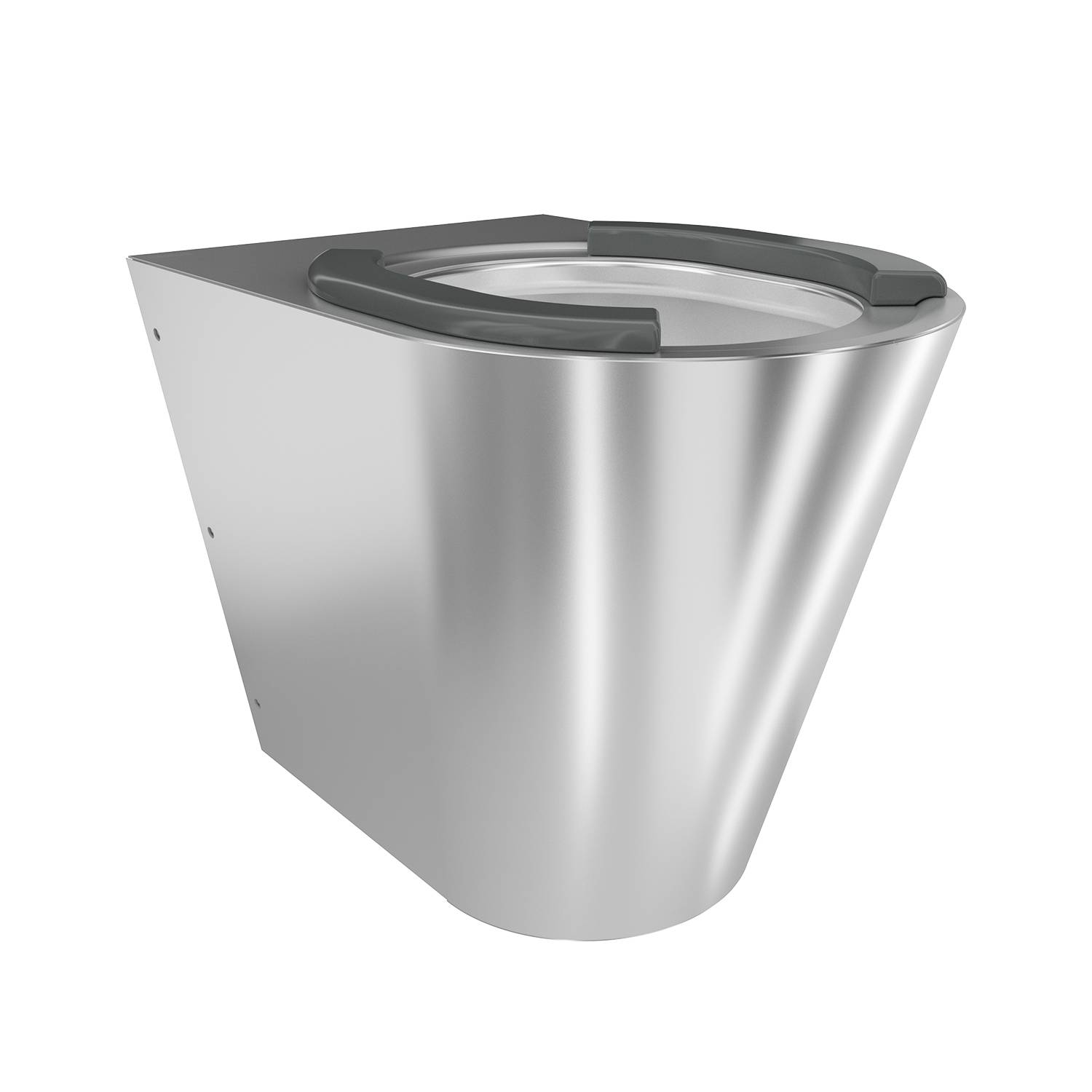 Eine elegante, moderne Edelstahl-Toilette mit minimalistischem Design, aus einem seitlichen und oberen Winkel auf einem schwarzen Hintergrund gezeigt.