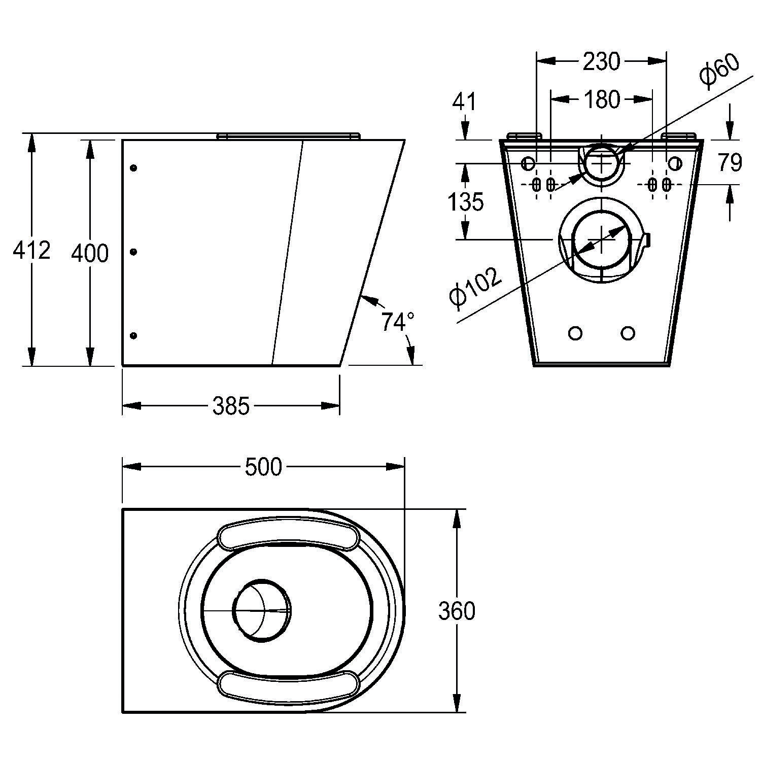 Technische Zeichnung eines Waschbeckens mit Ansichten von oben, der Seite und von vorn. Enthält Maße: Höhe 412 mm, Breite 550 mm und Tiefe 400 mm.