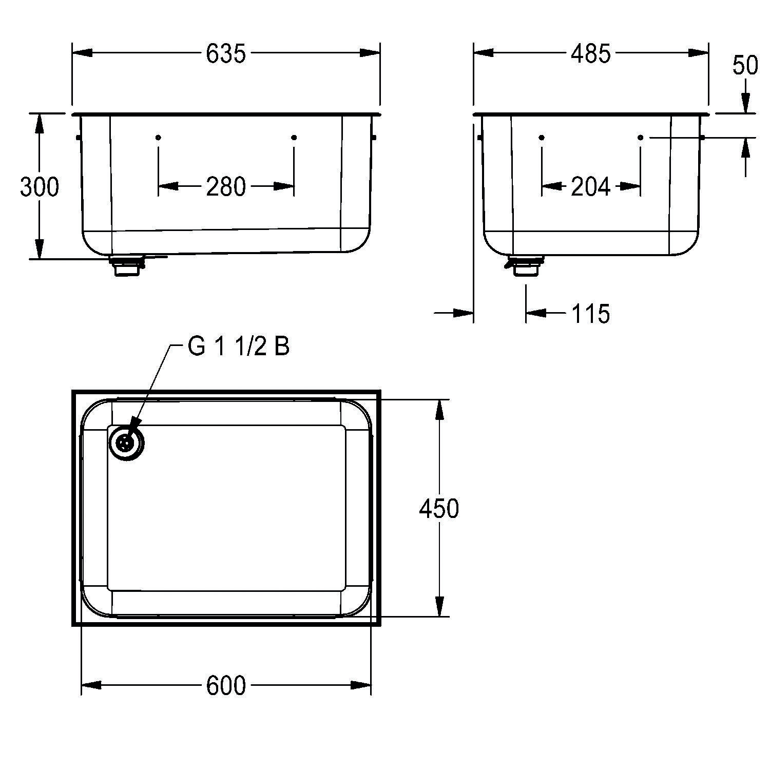 Eine technische Zeichnung eines rechteckigen Waschbeckens mit Abmessungen: 635x485x300 mm. Enthält Seiten- und Draufsicht mit Einlassgröße: G 1 1/2 B.