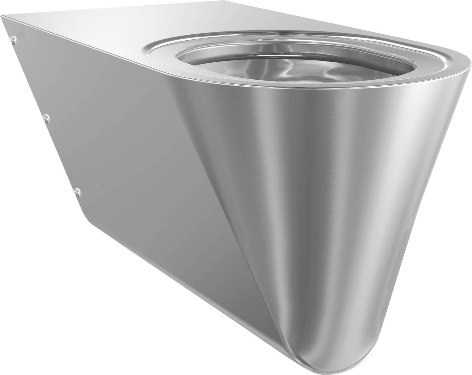 Metallischer, dreieckiger Wandurinal mit glatter, abgerundeter Schale. Geeignet für moderne, minimalistische Sanitärräume.