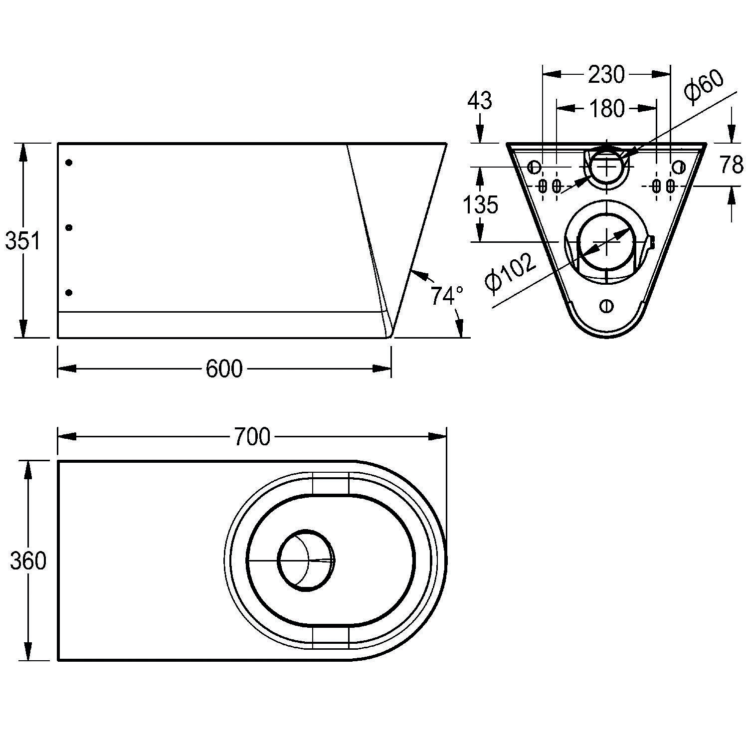 Technische Zeichnung eines dreieckigen Waschbeckens, die Abmessungen zeigt: 600 mm Breite, 351 mm Höhe sowie verschiedene Maße für Installation und Design.