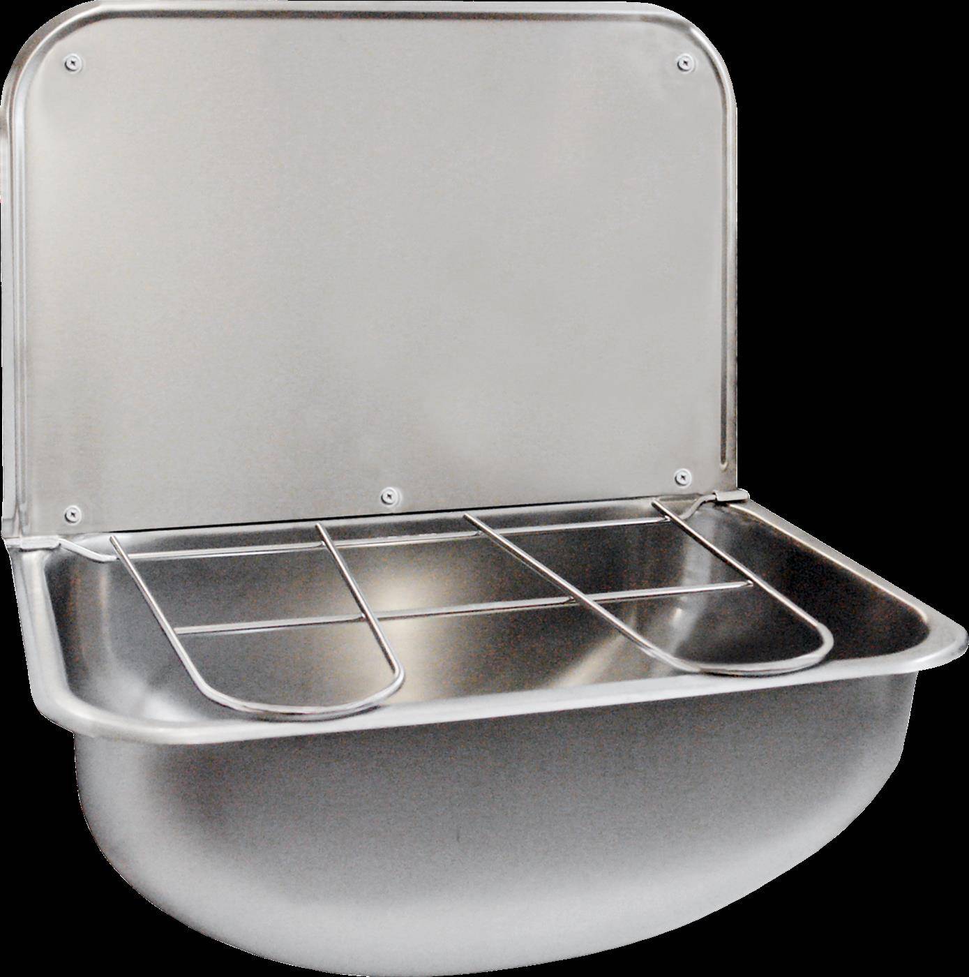 Wandmontierte Edelstahl-Tiertränke mit Spritzschutz zum Aufklappen und vorderer Metallgitterabdeckung.