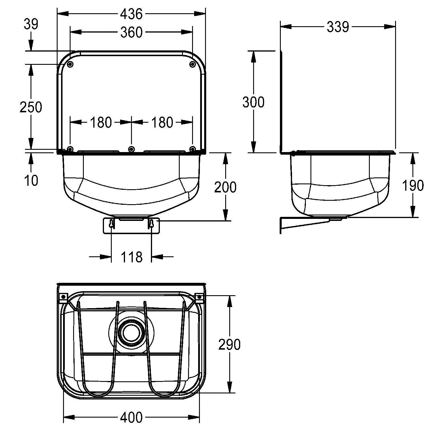 Technische Zeichnung eines Waschbeckens mit Maßen: Breite 436 mm, Höhe 250 mm, Tiefe 339 mm, Beckentiefe 400 mm und Beckenhöhe 290 mm.