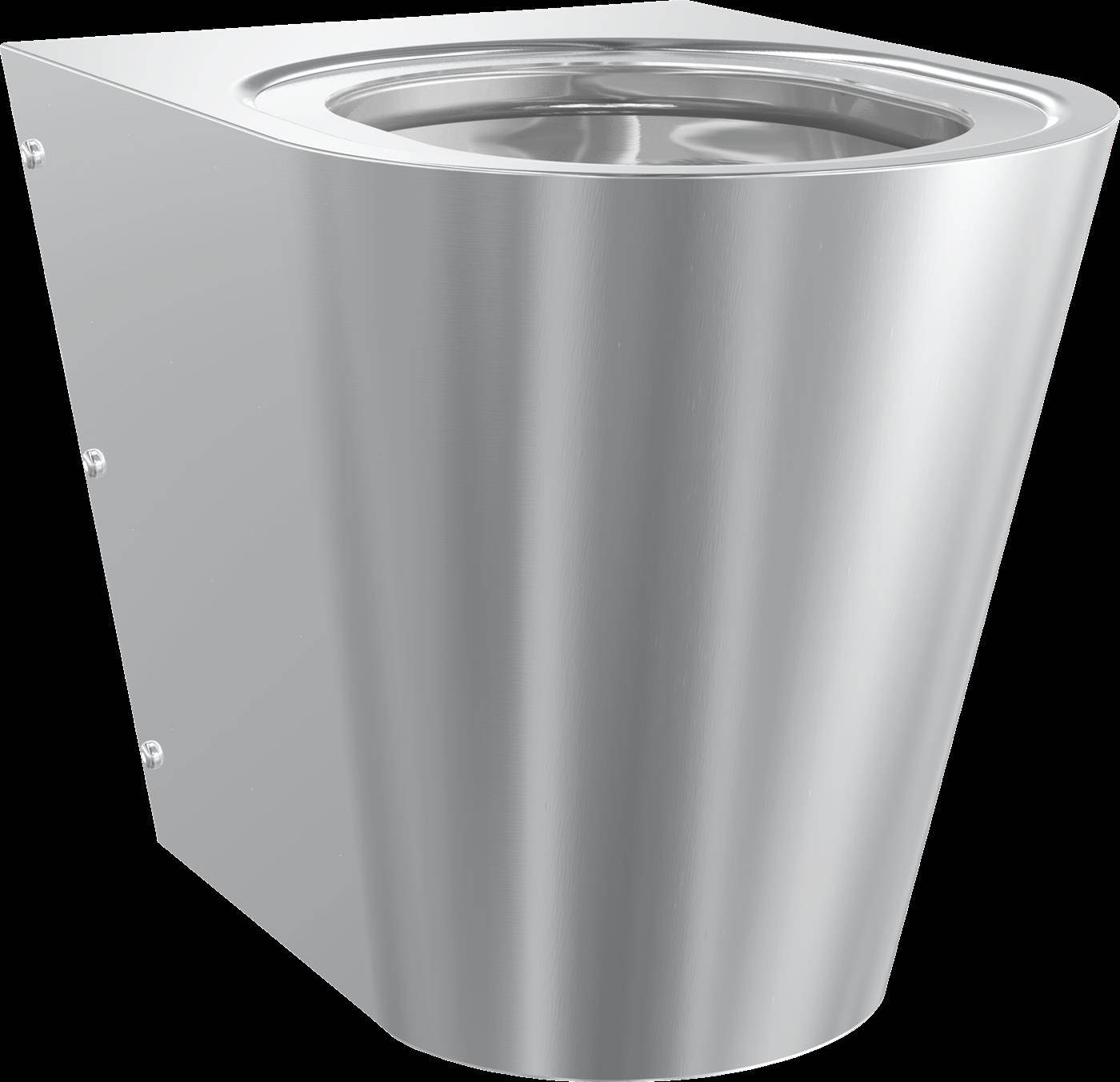 Silbernes wandmontiertes öffentliches Urinal mit gerundeter Front und offener Oberseite, auf schwarzem Hintergrund dargestellt.