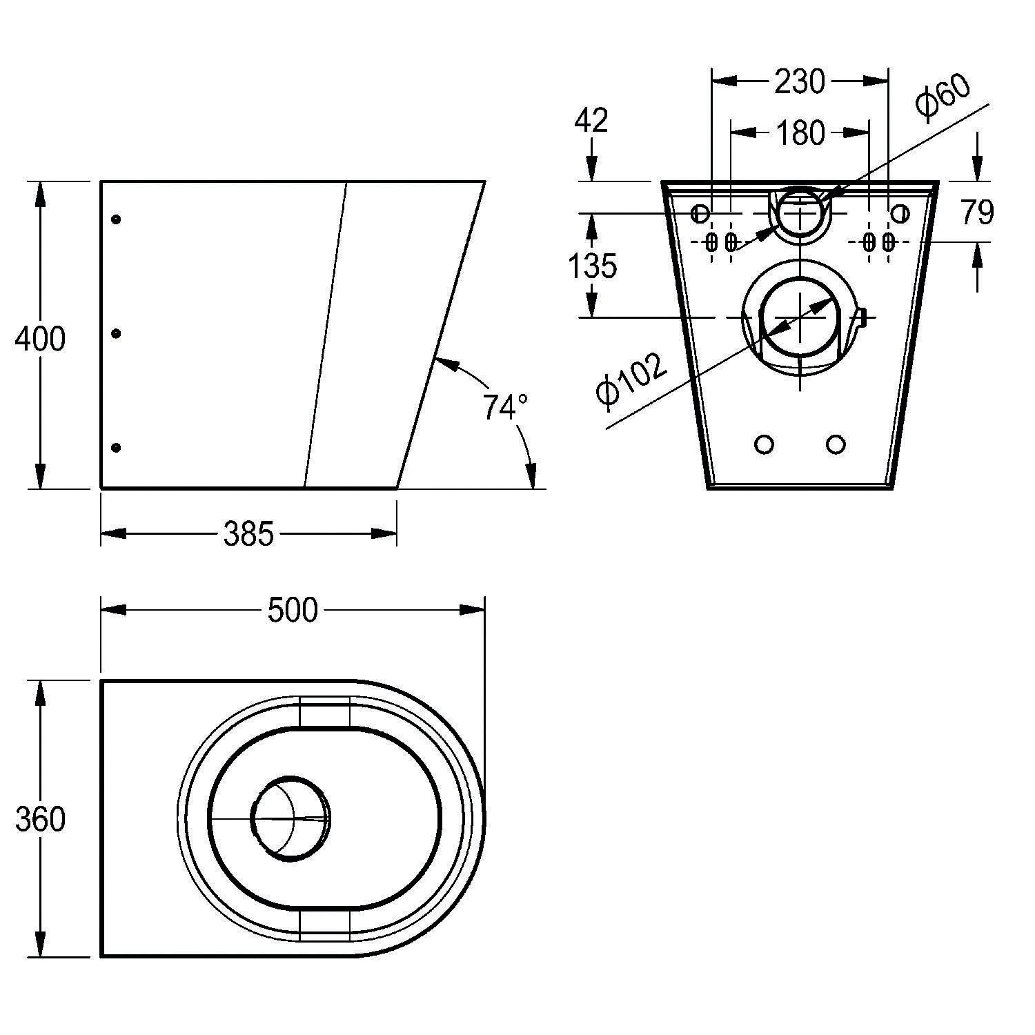 Technische Zeichnung eines kompakten Waschbeckens mit Ansichten von oben, vorne und der Seite, inklusive Maßangaben. Schlüsselmaße: Breite 385 mm, Höhe 400 mm.