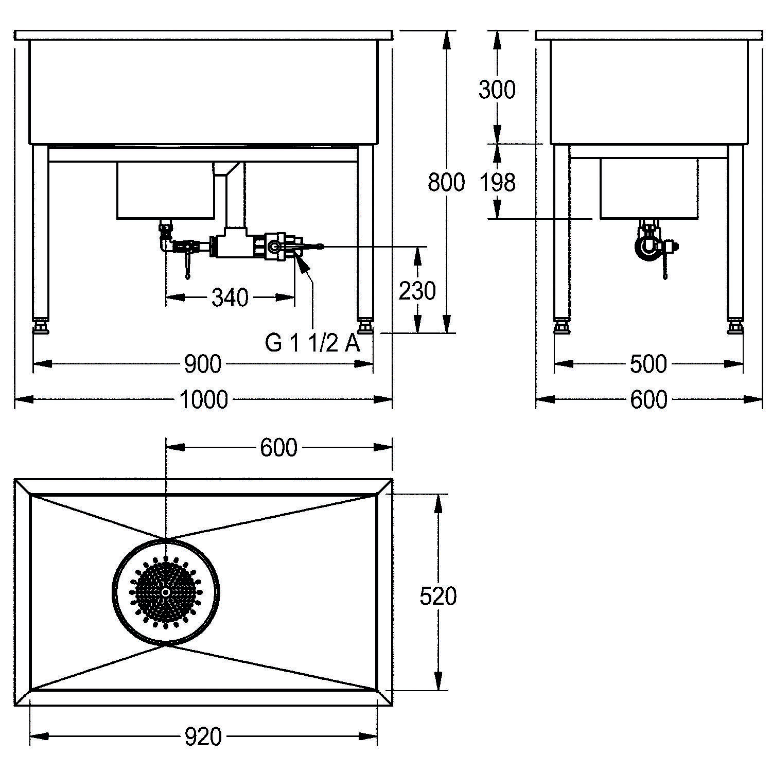 Technische Zeichnung einer Waschbeckeninstallation. Vorder-, Seiten- und Draufsicht mit detaillierten Maßangaben: 900 mm Breite, 600 mm Tiefe, 800 mm Höhe. Ablaufdetails enthalten.