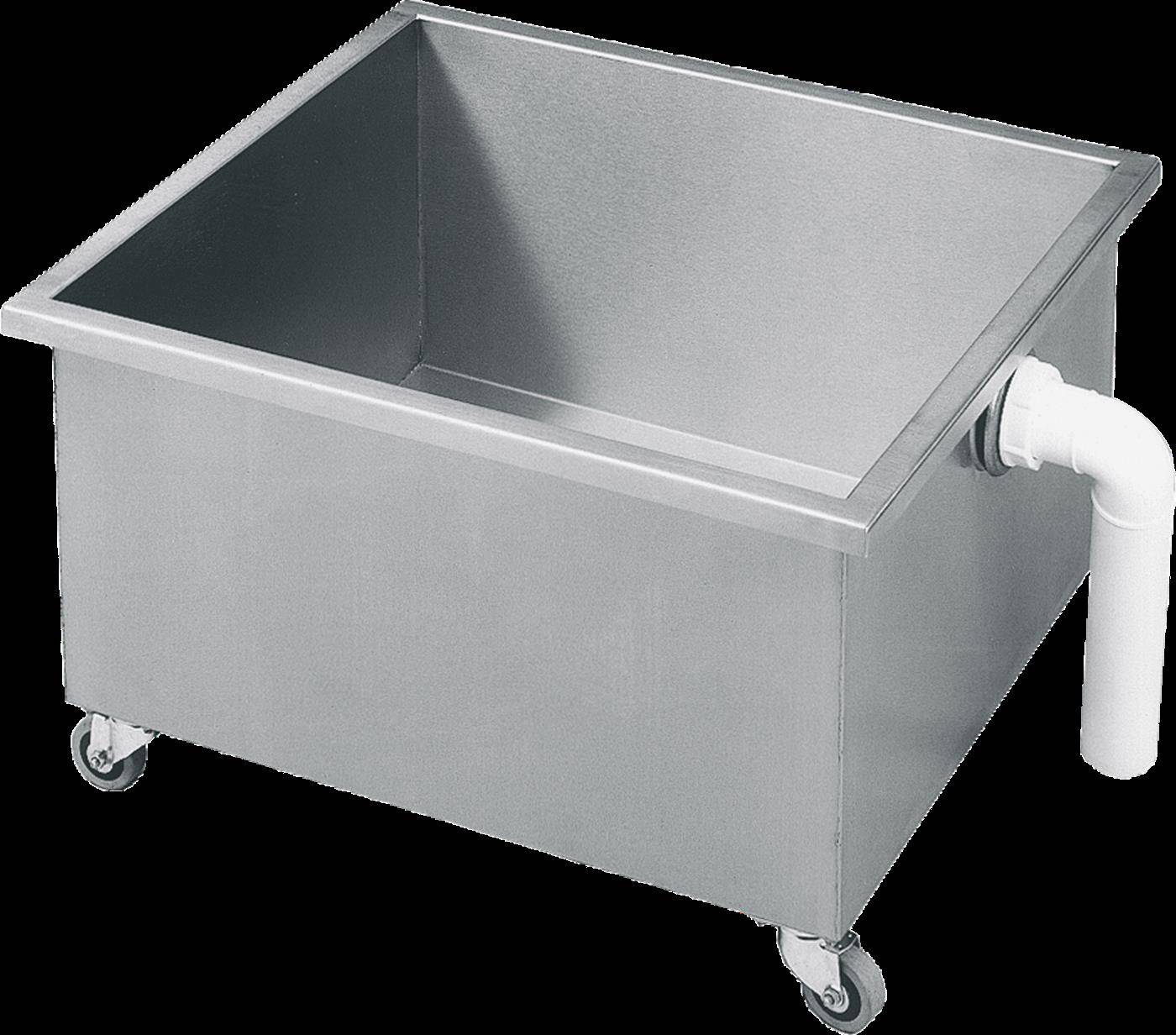 Edelstahl-Spülbecken mit Rädern, tiefem offenem Becken und seitlichem Ablaufrohr.