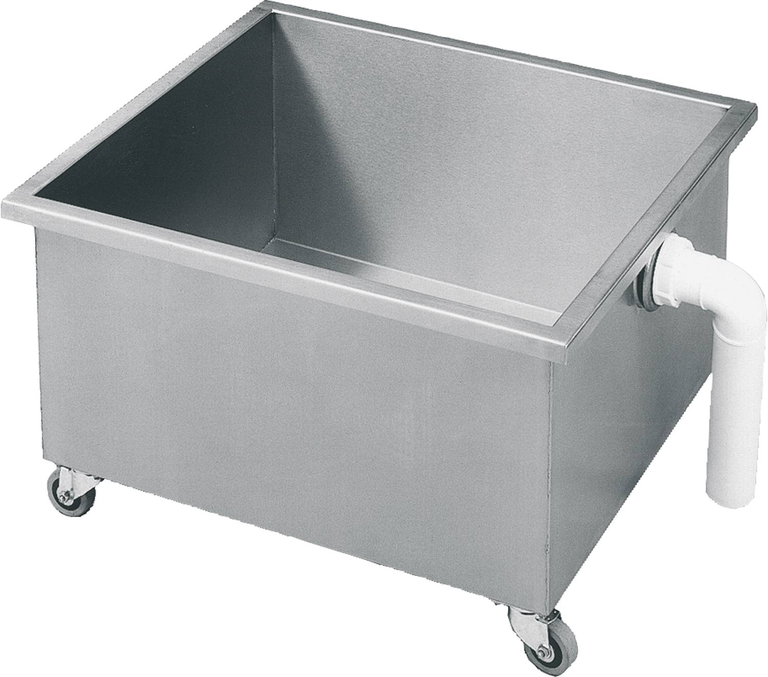 Eine große Edelstahlbox auf Rollen mit einem Ablaufrohr an einer Seite, die zum Handhaben und Waschen von Materialien oder Ausrüstung verwendet wird.