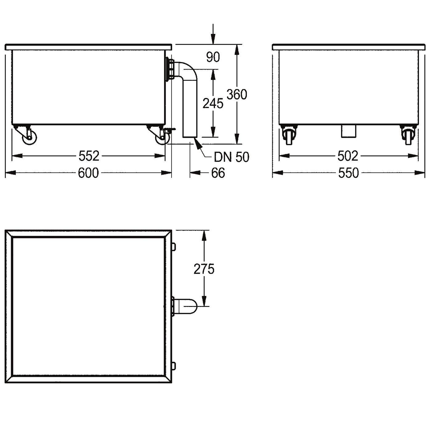 Technische Zeichnung mit Maßangaben einer rechteckigen Radeinheit in Seiten-, Vorder- und Draufsicht mit Schlüsselmessungen: 600 x 360 x 550 mm und einem 50 mm Ablauf/Versatz.