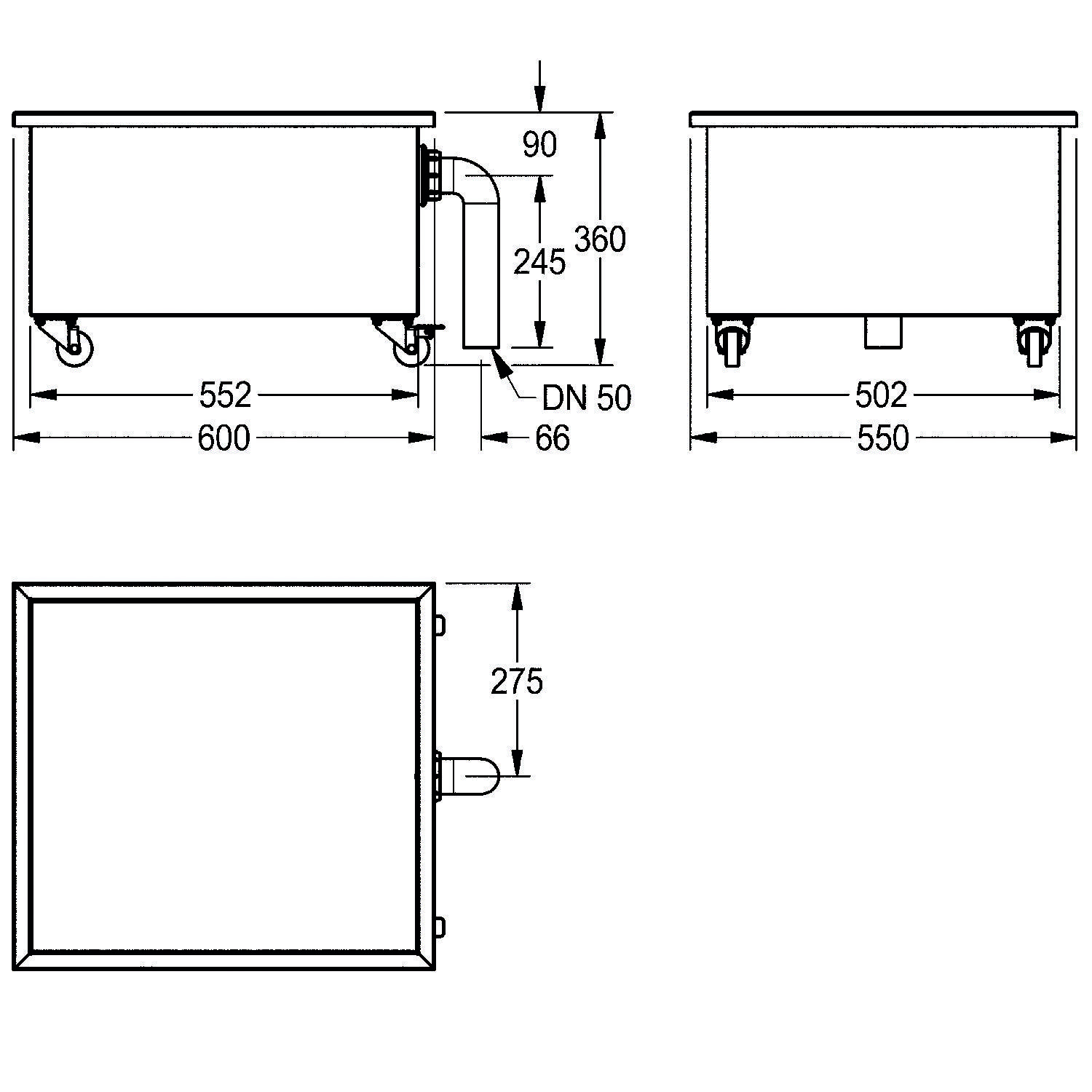 Technische Zeichnung eines fahrbaren Lagertanks. Abmessungen sind angegeben: 600 mm Länge, 550 mm Breite, 245 mm Höhe und ein 66 mm Rohr mit DN 50 Bezeichnung.