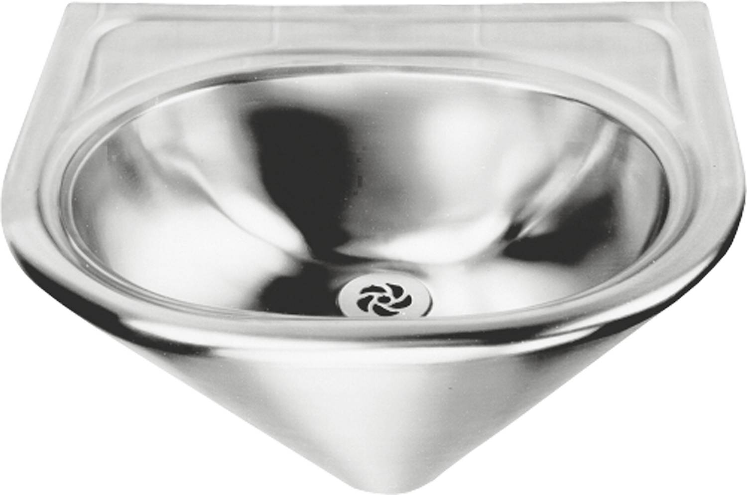 Ein glänzendes, edelstählernes Waschbecken mit einem kreisförmigen Ablauf, das das Licht reflektiert. Der Fokus liegt auf dem glatten, geschwungenen Design und der modernen Erscheinung.