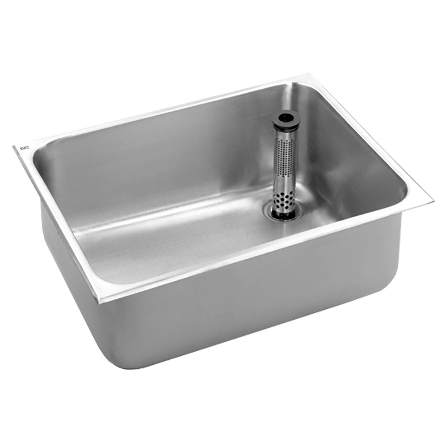 Ein Edelstahl-Küchenspülbecken mit rechteckiger Wanne und einem Sieb, das im Ablauf positioniert ist.