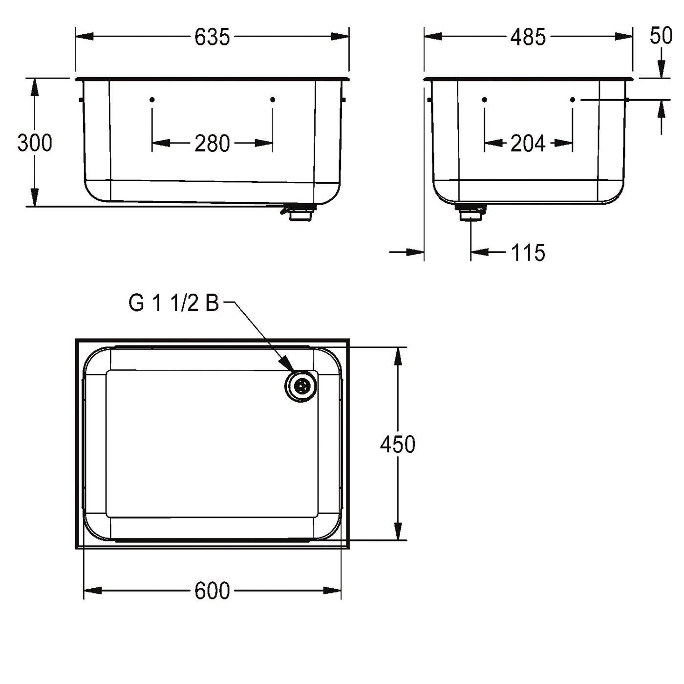 Technische Zeichnung eines rechteckigen Beckens oder einer Wanne mit Vorder-, Seiten- und Draufsicht, zeigend Abmessungen 635 x 485 x 300 mm und 600 x 450 mm, sowie Ablaufposition und G 1 1/2 B Anschluss.