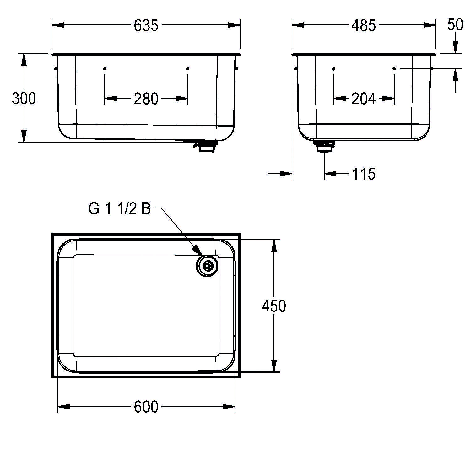 Diagramm eines rechteckigen Waschbeckens mit Abmessungen: 635 mm Länge, 450 mm Tiefe, 300 mm Höhe. Innere Schale misst 280 mm x 204 mm. Ablaufposition markiert.