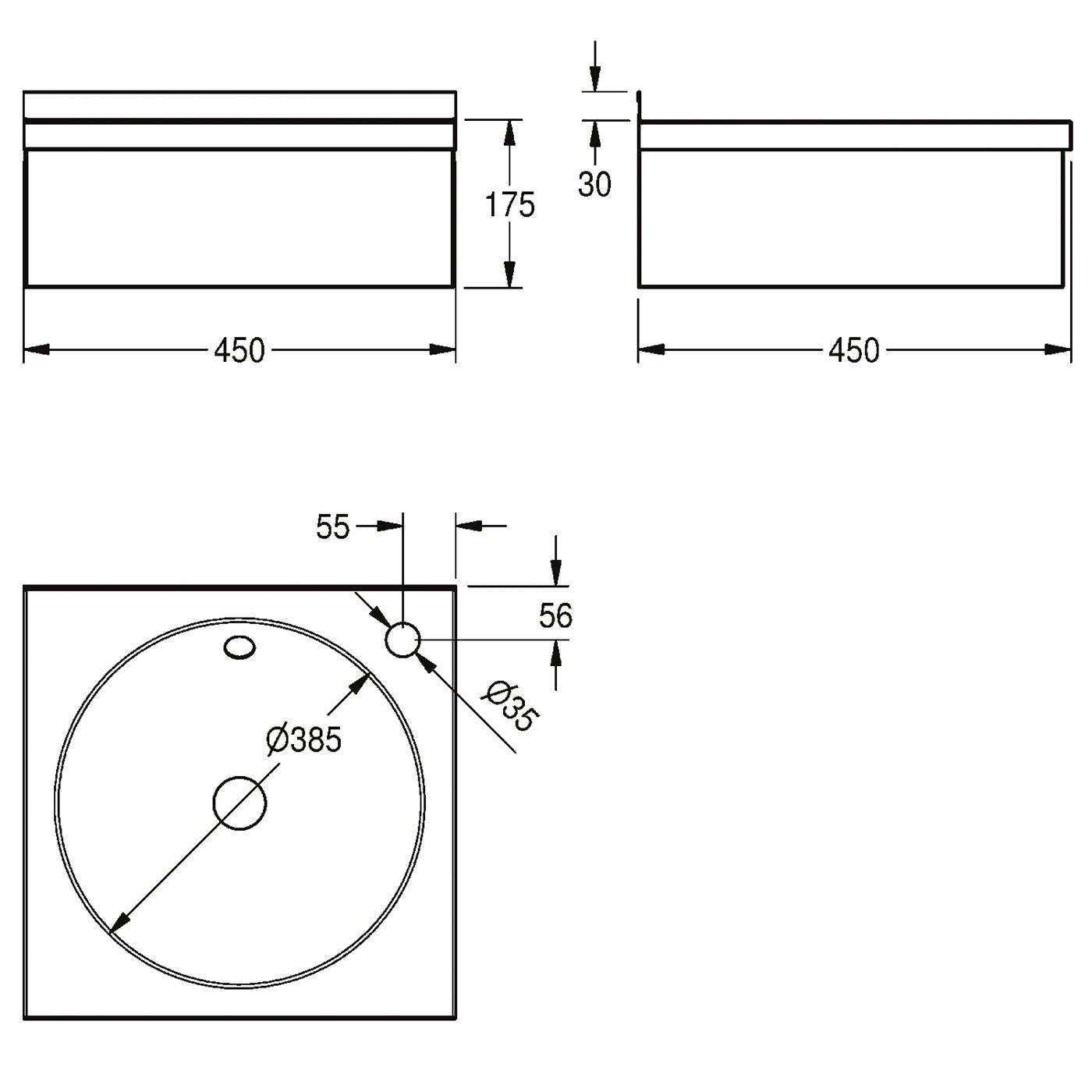 Technische Zeichnung einer rechteckigen Einheit mit Abmessungen 450 x 175, 450 x 30 und einer Draufsicht einer quadratischen Platte mit einem Kreis von 385 mm Durchmesser und einem Loch von 35 mm mit einer Versatzung von 55 und 56 mm.