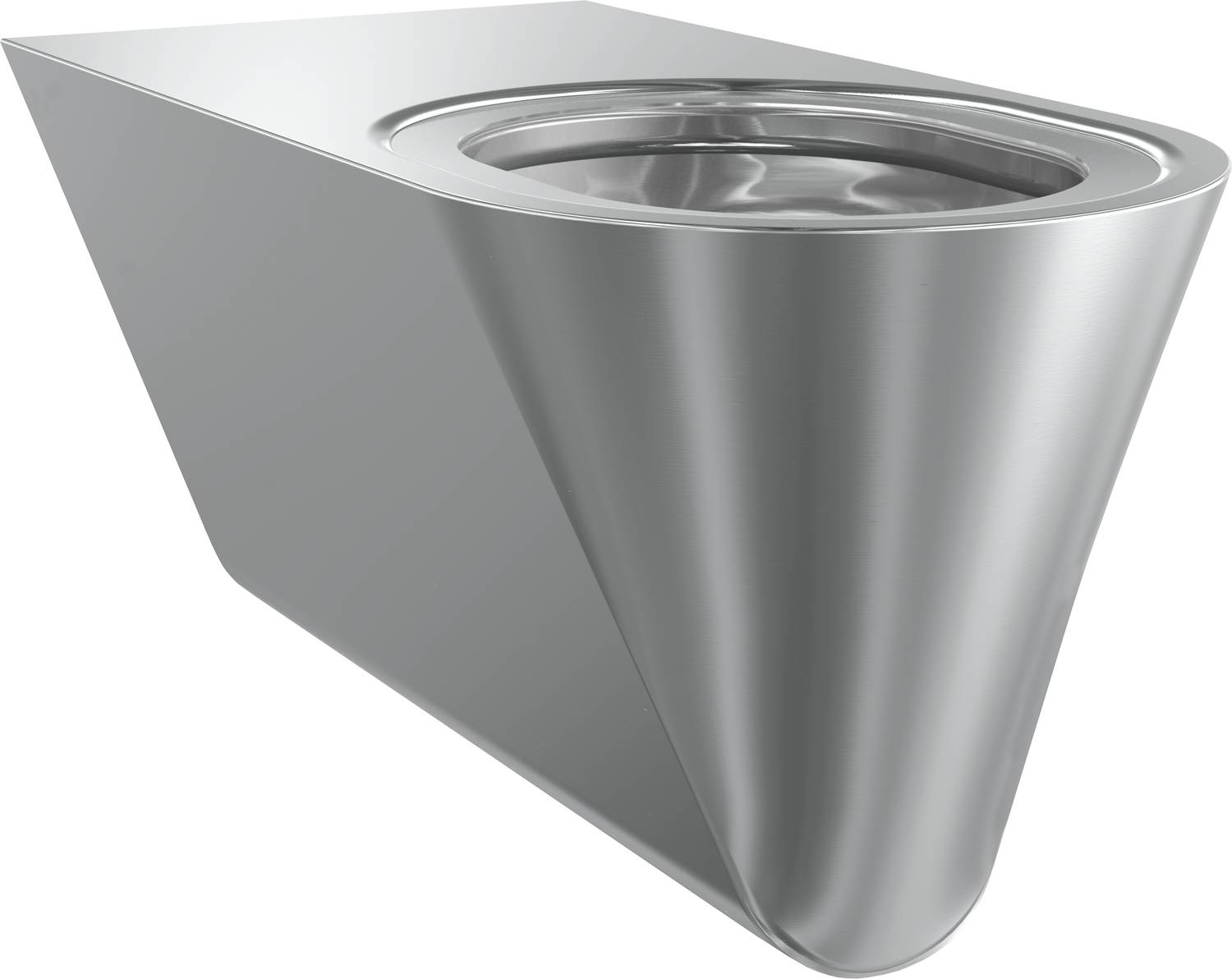 Eine schlichte, silberne, wandmontierte Toilette mit modernem, minimalistischem Design, die eine glatte Oberfläche und eine leicht verlängerte Schale aufweist.