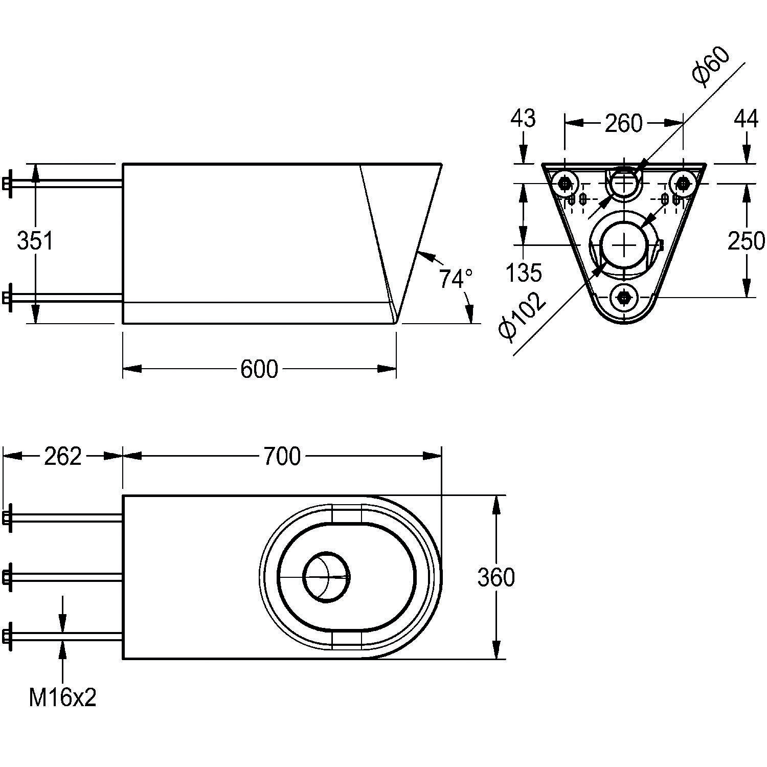 Technische Zeichnung eines mechanischen Bauteils mit Abmessungen: Draufsicht zeigt Länge 700 mm, Breite 262 mm; Seitenansicht Länge 600 mm, Höhe 351 mm. Durchmesserabschnitte angegeben.
