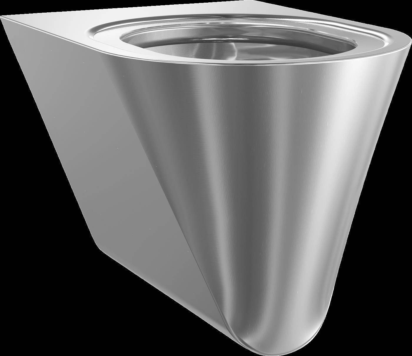 3D-Rendering eines glänzenden metallischen, an der Wand montierten Urinals oder Troges, dargestellt in Perspektive auf schwarzem Hintergrund.