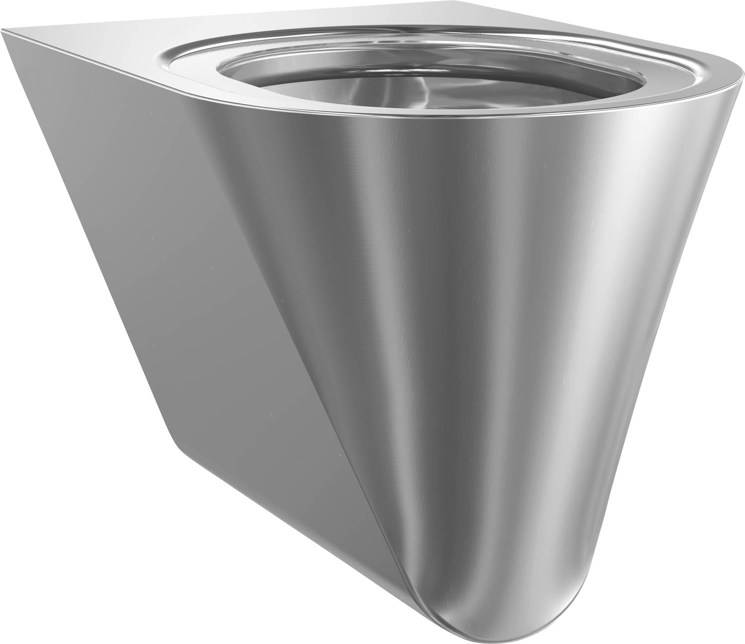 Ein metallischer, konisch geformter, wandmontierter Urinal mit modernem Design, ausgestattet mit einer glatten und polierten Edelstahloberfläche.