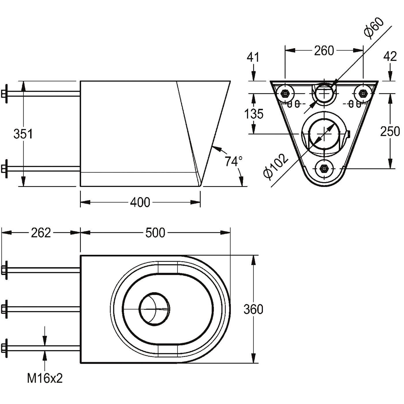 Technische Zeichnung einer mechanischen Komponente, dargestellt in Seiten-, Front- und Draufsicht mit Bemaßungslinien und Maßen wie 400, 500, 360, 260 und 74°.