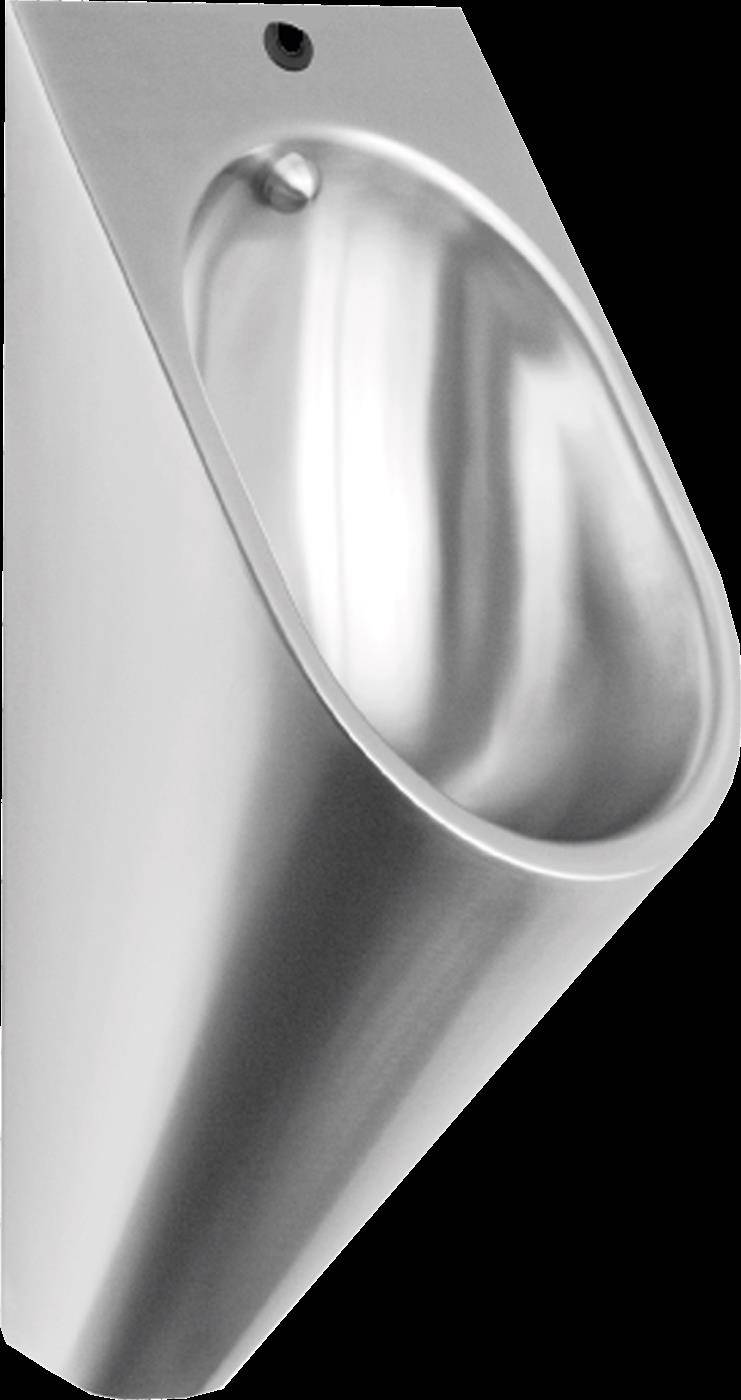 Edelstahl-Wandurinal, in Nahaufnahme vor einfachem Hintergrund dargestellt.