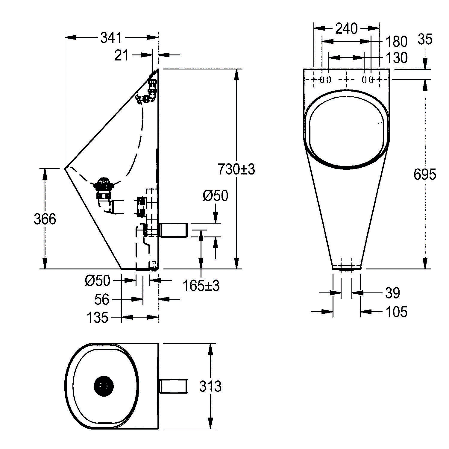Diagramm eines Urinals mit Maßen: 341 mm Breite, 730 mm Höhe, 366 mm Tiefe. Draufsicht zeigt eine Breite von 313 mm. Installationspunkte markiert.
