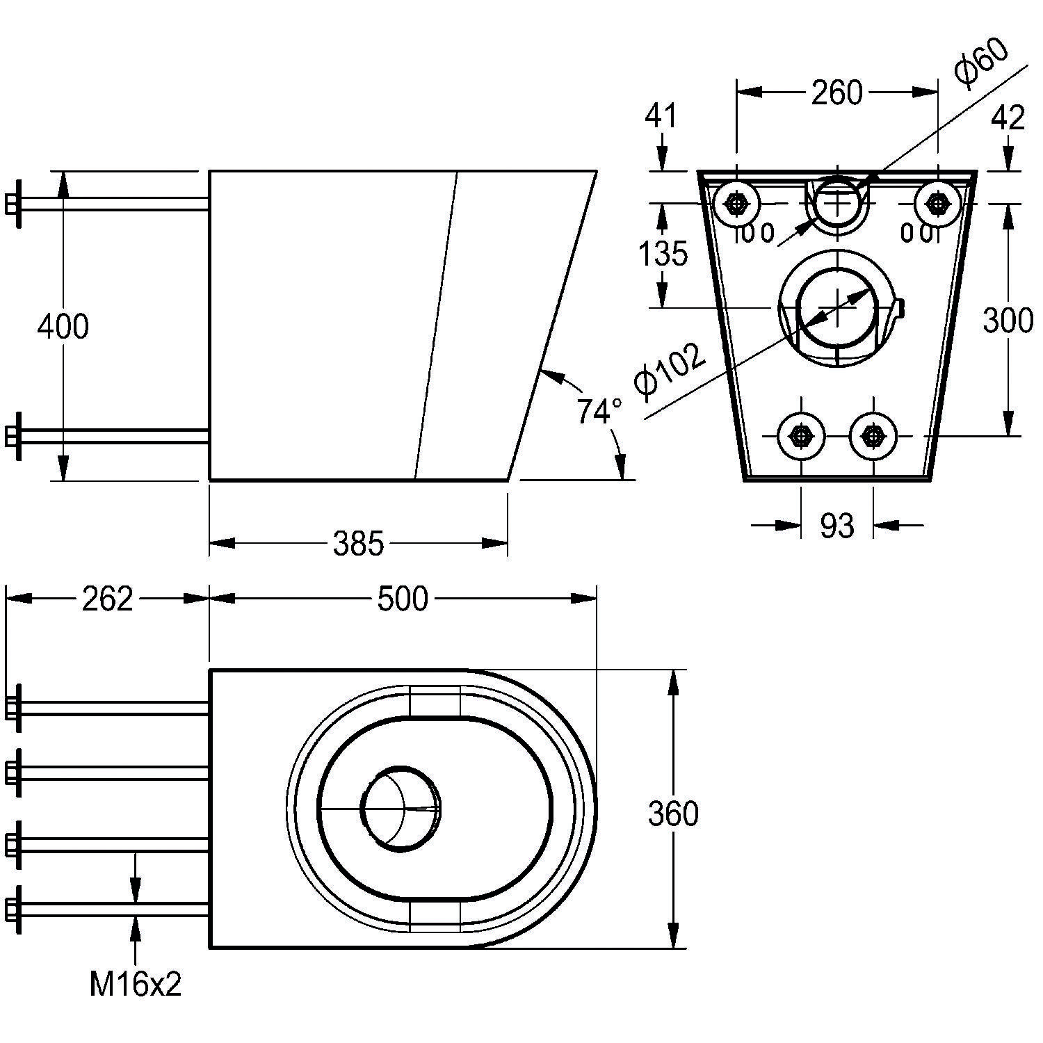 Technische Zeichnung einer mechanischen Komponente mit Maßangaben. Draufsicht zeigt kreisförmiges Element mit einem Durchmesser von 60, während Seiten- und Frontansichten präzise Maßangaben aufweisen, einschließlich mehrerer Winkel und Abstände.