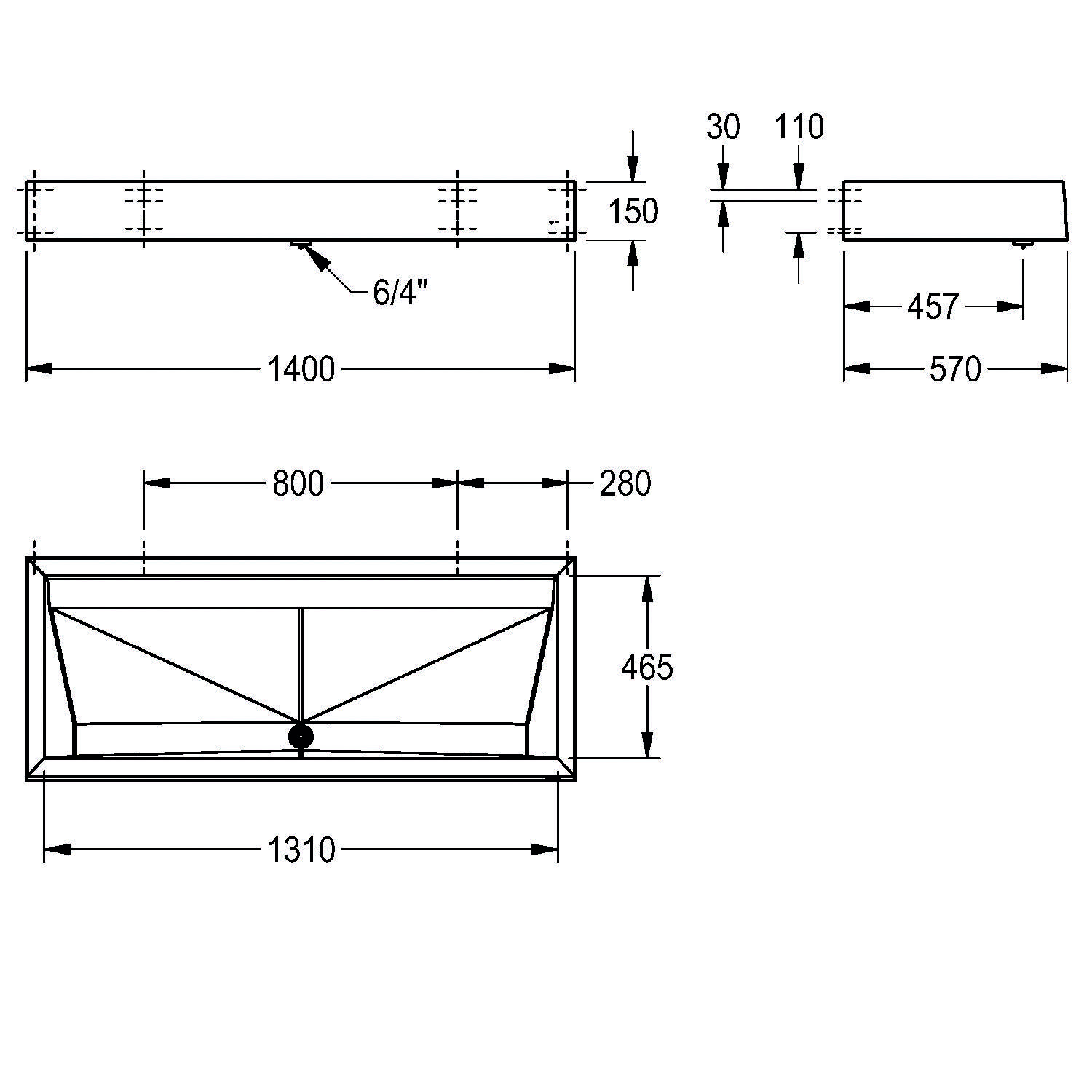 Technische Zeichnung einer rechteckigen Struktur mit Abmessungen: Frontansicht 1400 mm breit, 465 mm hoch; Seitentiefe 570 mm.