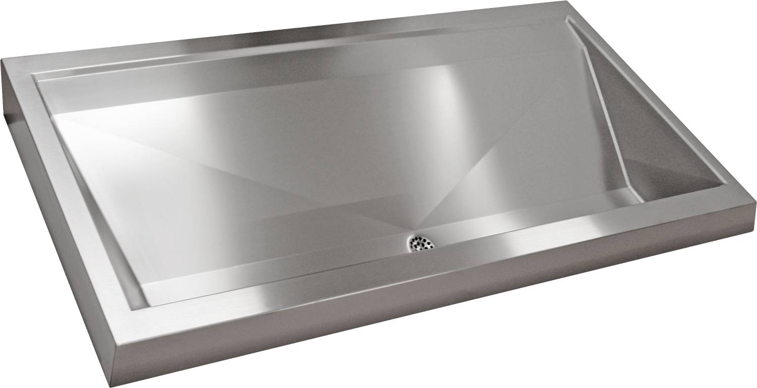 Ein wandmontierter Trinkbrunnen aus Edelstahl mit kleinem Ablaufbereich und elegantem Design.
