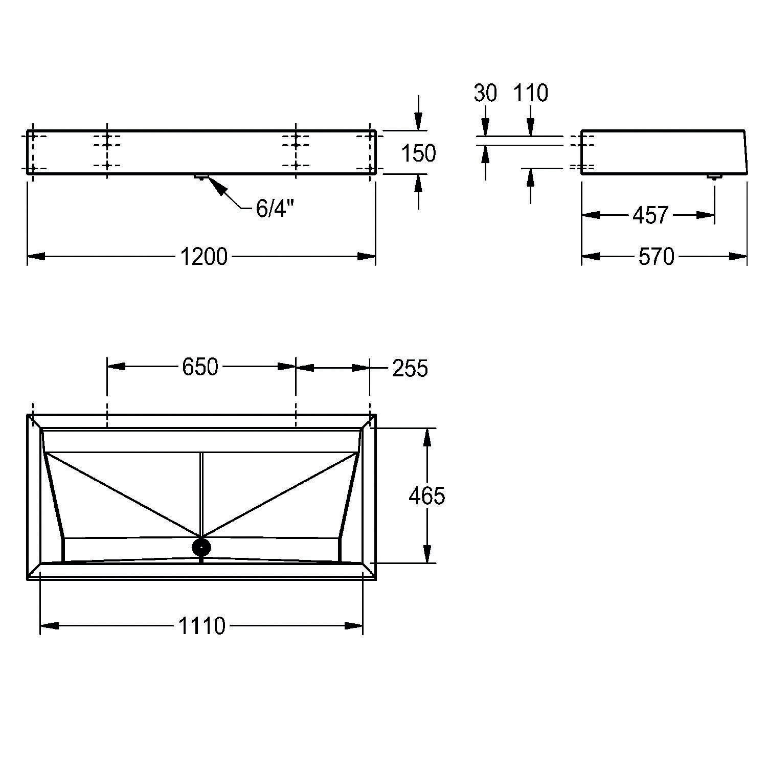 Eine technische Zeichnung einer rechteckigen Struktur mit Abmessungen: 1200 mm Breite, 650 mm Innenbreite, 255 mm Höhe und 465 mm Tiefe.