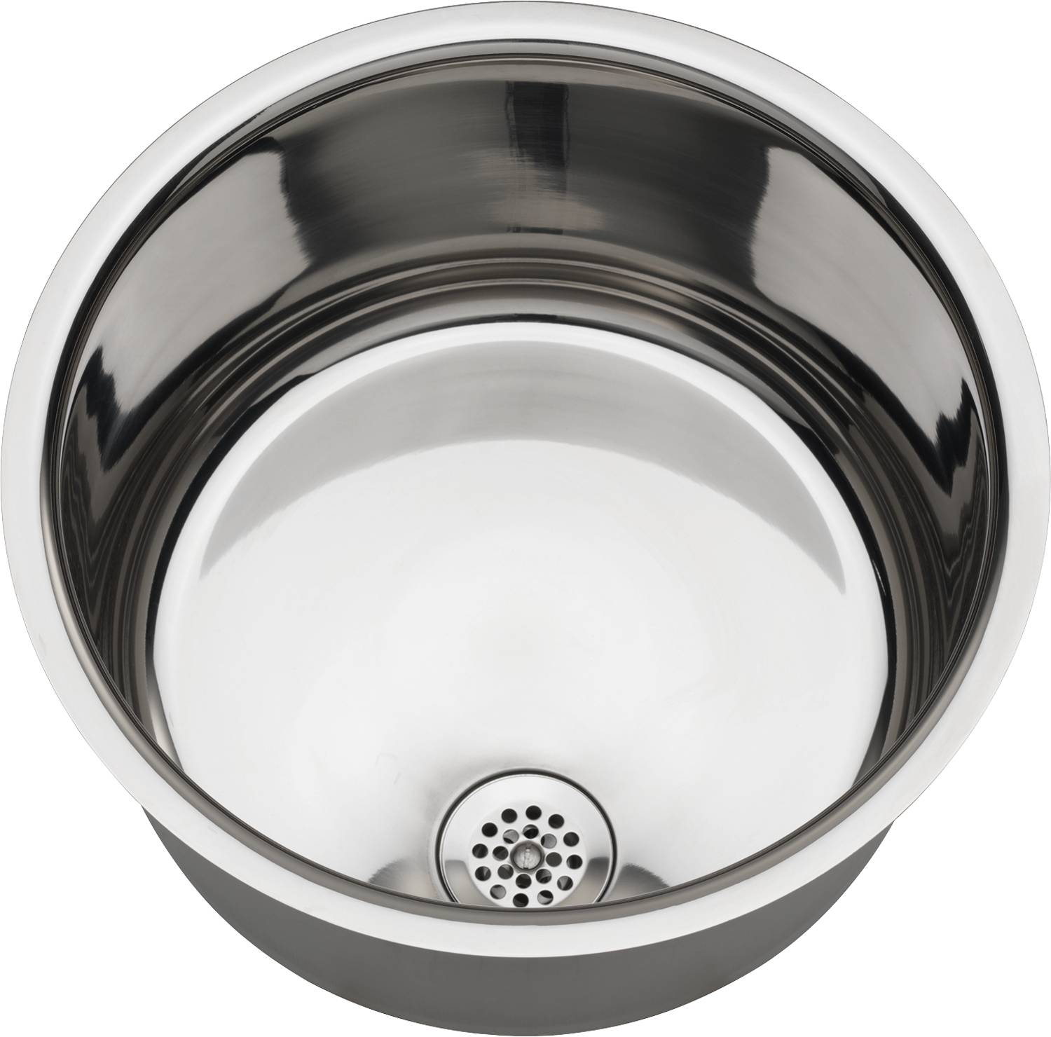 Ein Waschbecken aus Edelstahl mit modernem, kreisförmigem Design, ausgestattet mit einer zentralen Ablaufbohrung und einer polierten Oberfläche.