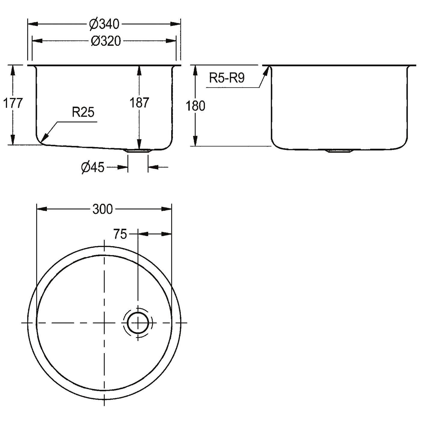 Technische Zeichnung eines zylindrischen Behälters mit Abmessungen: Oberer Durchmesser Ø340/Ø320, Höhe 177/187/180, Basis Ø45, Eckenradius R25, obere Lippe R5-R9, und eine Draufsicht mit Durchmesser 300 und einer versetzten Öffnung von 75.
