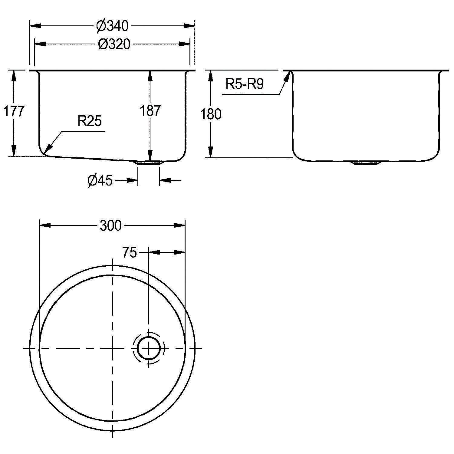 Technische Zeichnung eines kreisförmigen Waschbeckens mit Drauf- und Seitenansicht mit Maßangaben: Durchmesser 340 mm, Tiefe 180 mm und anderen Abmessungen.