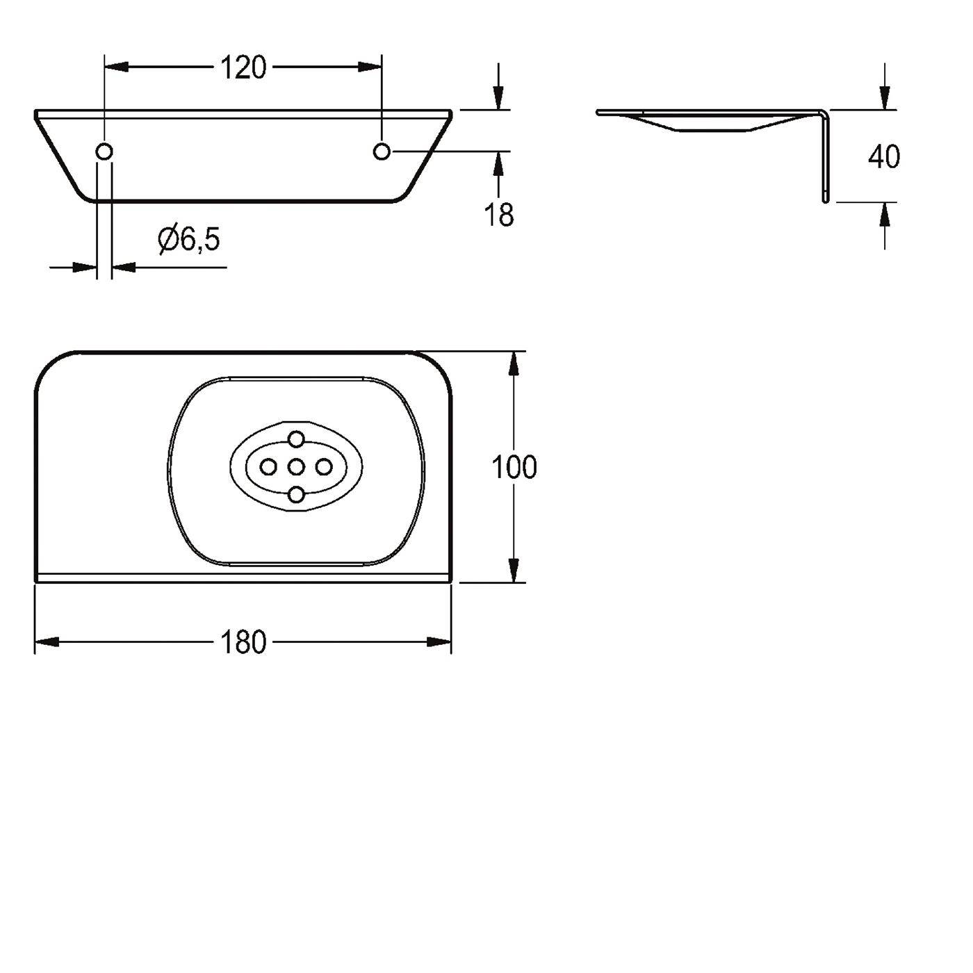 Technische Zeichnung eines rechteckigen Beckens oder Waschbeckens mit den Abmessungen 180 x 100 mm, 120 mm obere Breite, 40 mm Tiefe und 6,5 mm Bohrungen.
