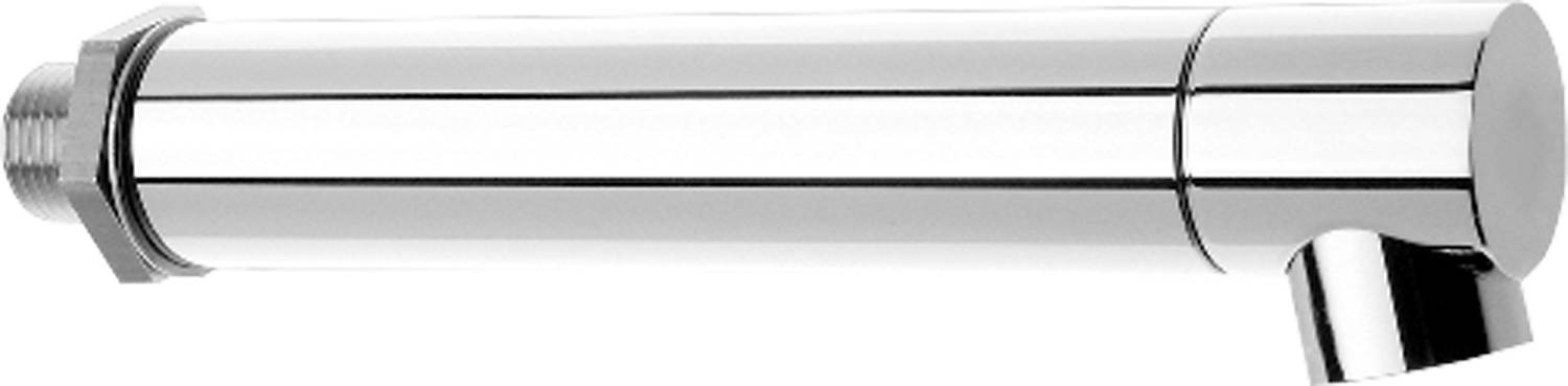Ein glänzendes, metallisches, zylindrisches Objekt, das horizontal vor einem einfarbigen Hintergrund positioniert ist.