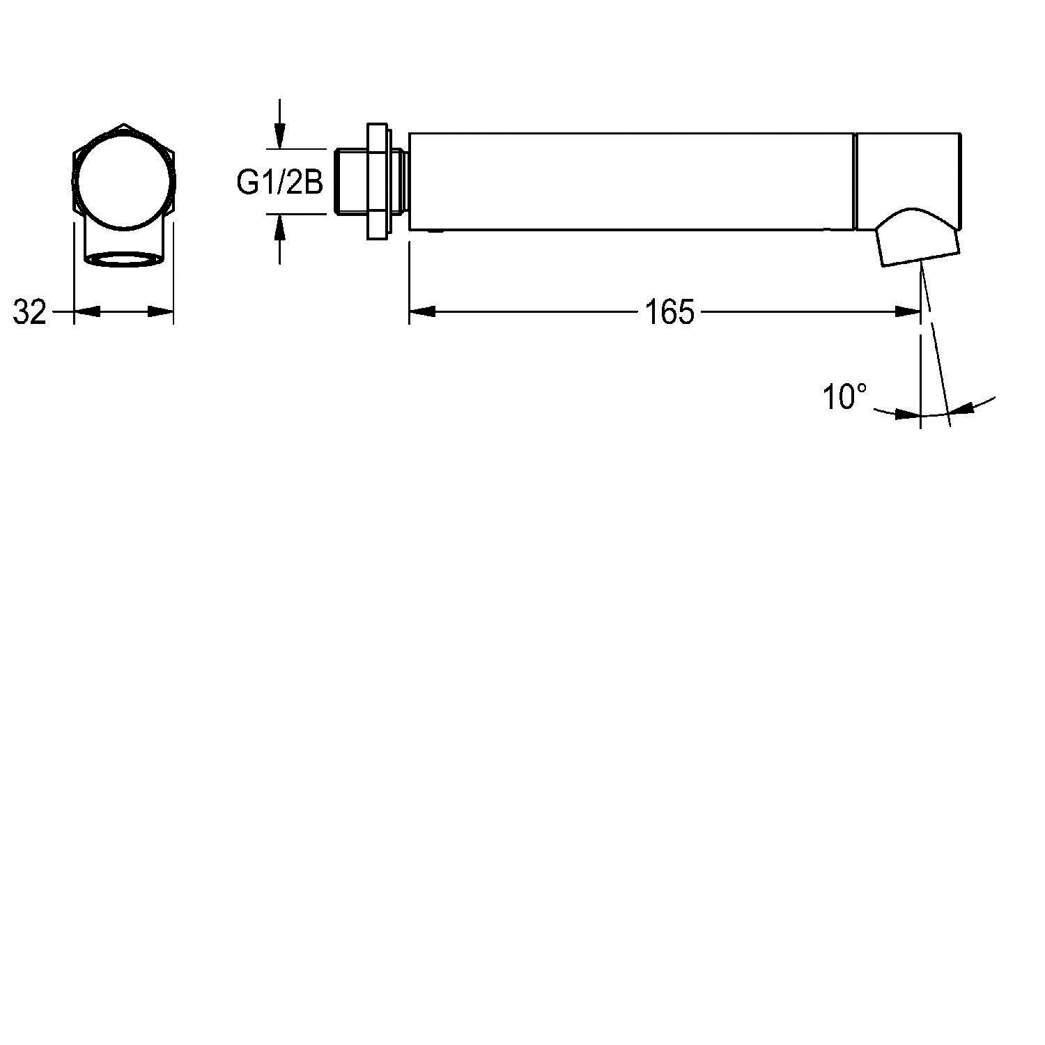 Technische Zeichnung eines Rohrabschnitts: 165 mm Länge, 10° Winkel, 32 mm Durchmesser, G1/2B-Anschluss.