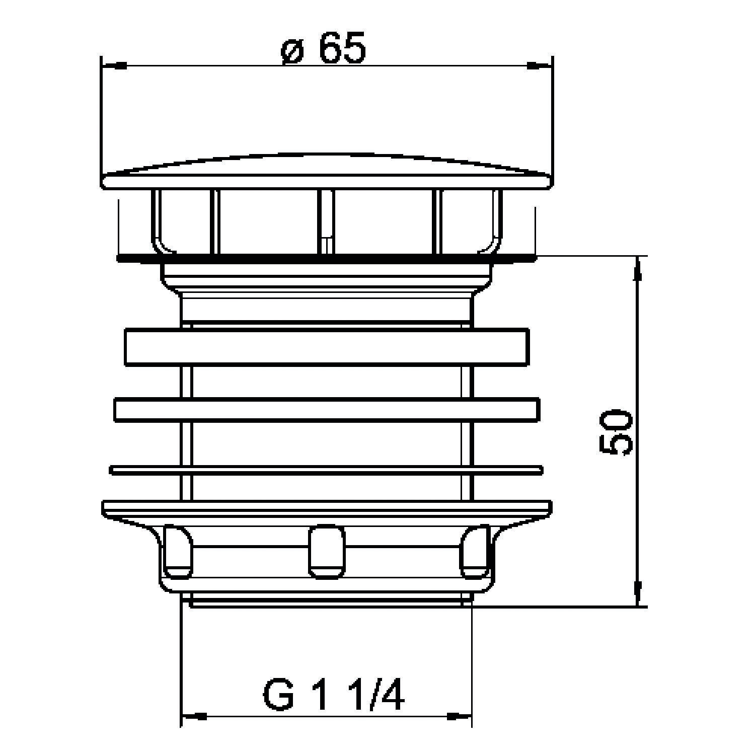Technische Zeichnung eines Ablassventildeckels. Der obere Durchmesser beträgt 65 mm, die Gesamthöhe 50 mm und die Gewindegröße ist G 1 1/4.