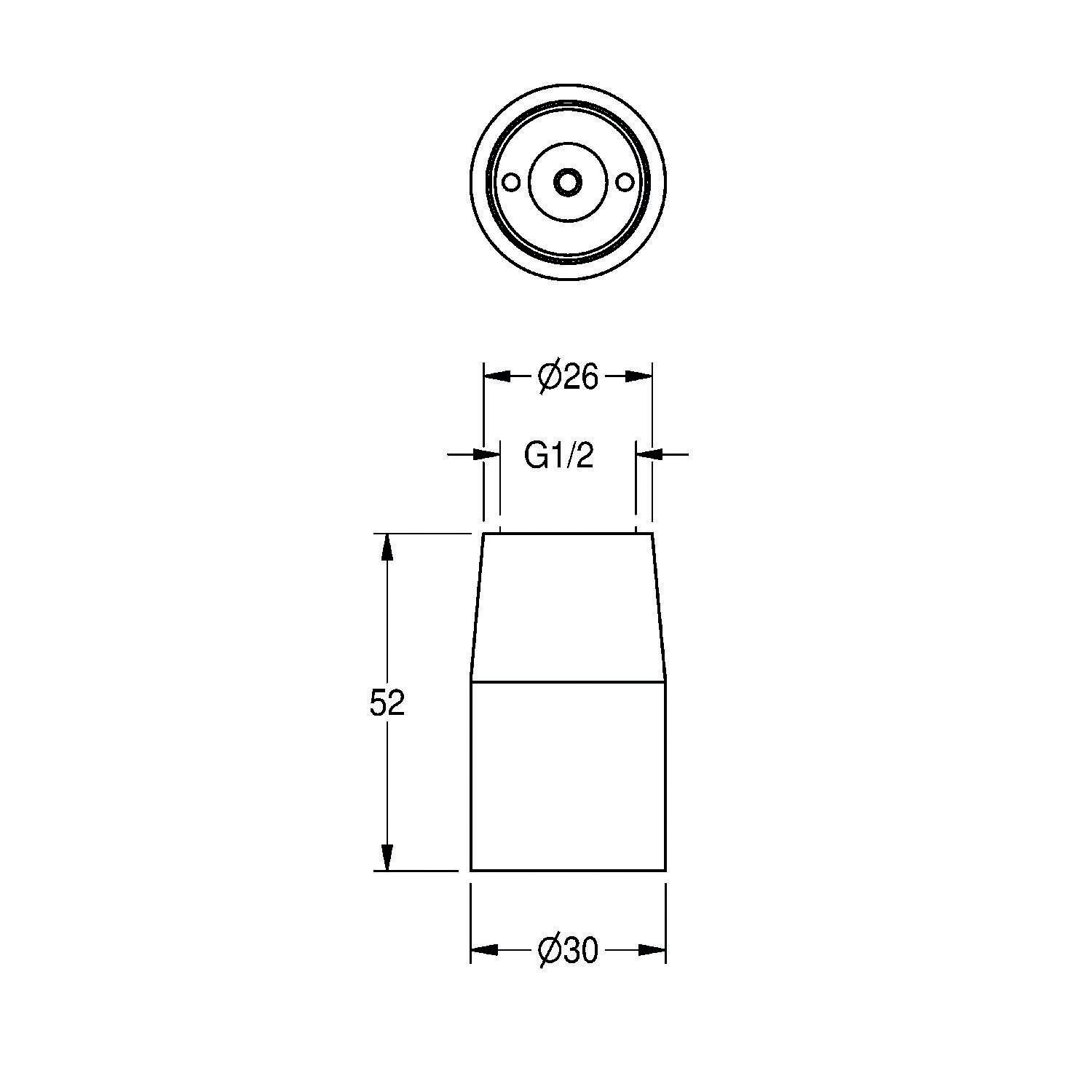 Technische Zeichnung eines zylindrischen Objekts mit Maßen: Durchmesser 30 mm, Höhe 52 mm. Draufsichtdurchmesser beträgt 26 mm. Gewindegröße ist G1/2.