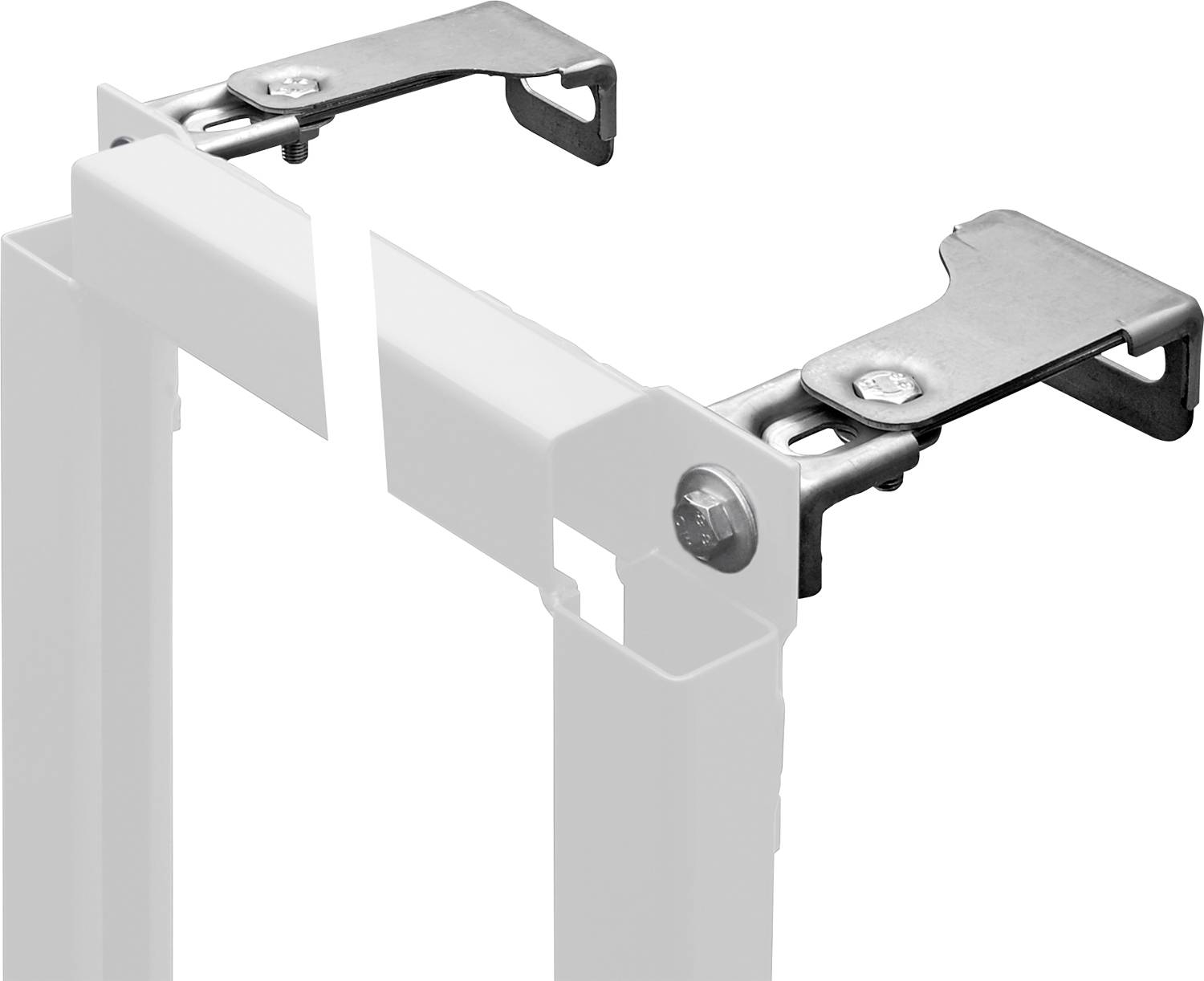 Metallklammern befestigen weiße Platten miteinander und zeigen eine Eckenverbindung für Bau- oder Fertigungszwecke.