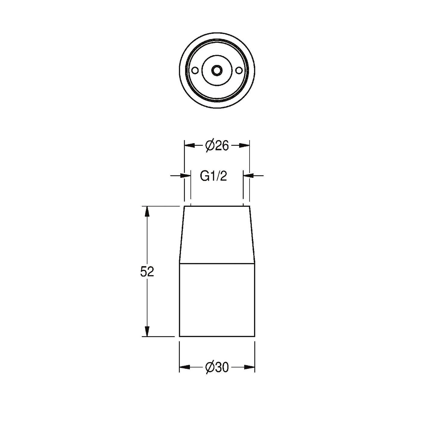 Technische Maßstabzeichnung eines kleinen zylindrischen Bauteils, zeigt Draufsicht und Seitenansicht mit Abmessungen Ø26, G1/2, Höhe 52 und Ø30 Grundfläche.