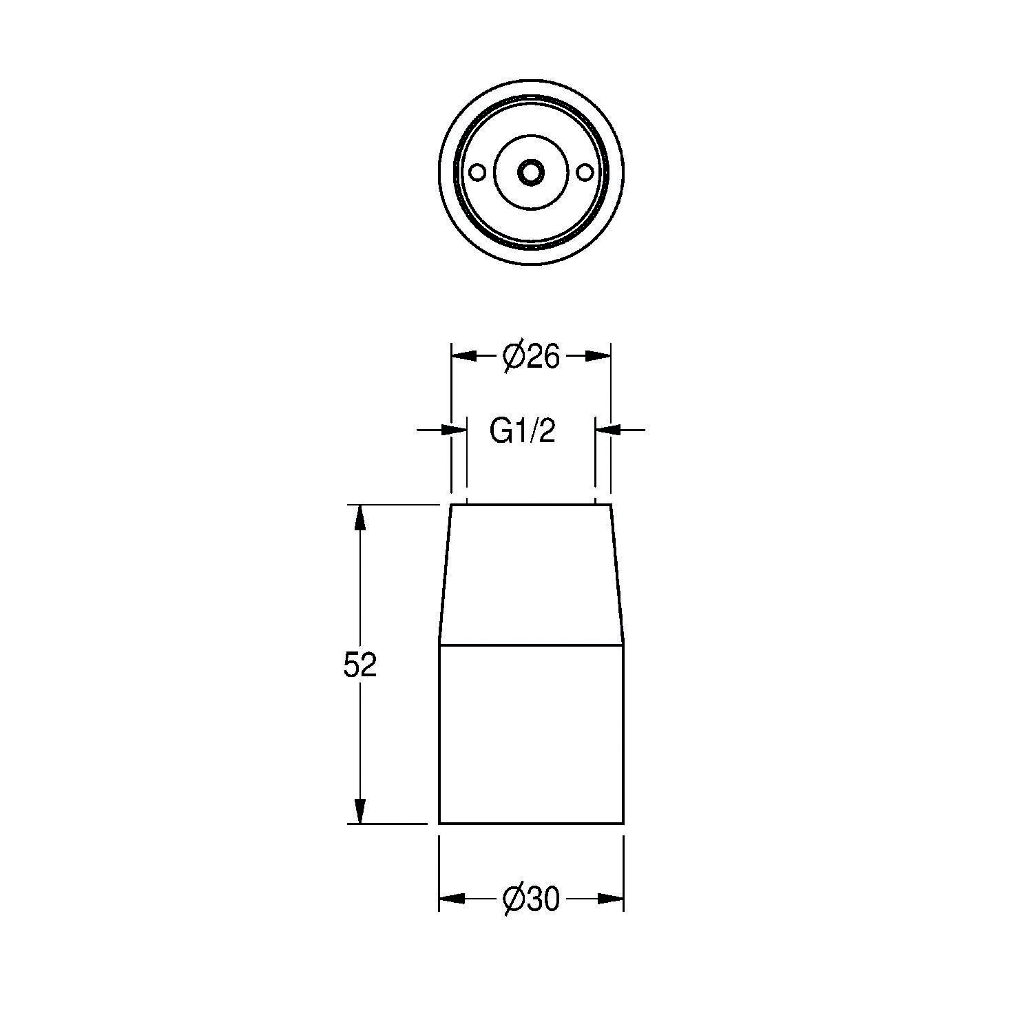 Technische Zeichnung, die eine Rohrverschraubung mit folgenden Abmessungen zeigt: Durchmesser oben 26 mm, unten 30 mm, Höhe 52 mm, Gewindegröße G1/2